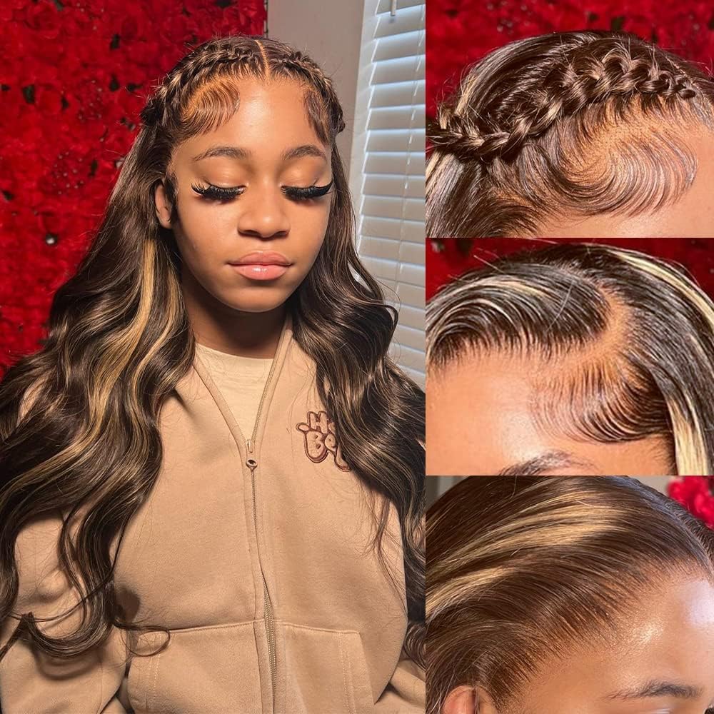 OYM Highlight 4/27 13x4 Body Wave Lace Front Wigs Human Hair - Honey Blonde Ombre 180% Density Pre-Plucked with Baby Hair 28inch for Women | Perfect for Daily Wear, Cosplay & Special Occasions