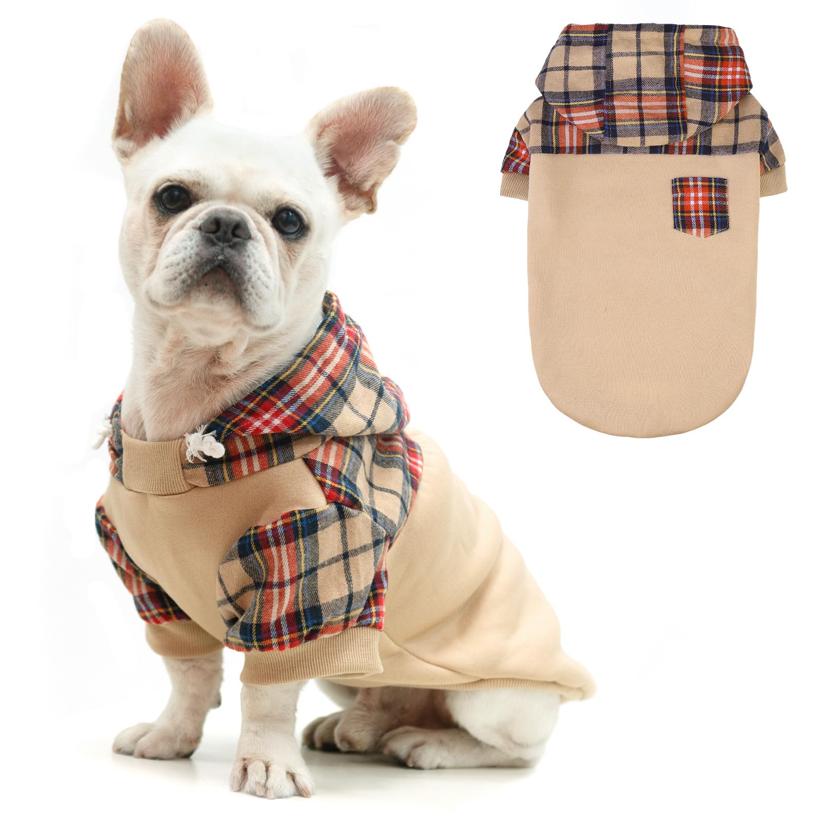 Plaid Dog Hoodie for Small Medium Large Dogs - Warm Fleece Sweatshirt with Hat & Leash Hole | Soft Pullover Dog Sweater for Puppies, Bulldogs (XS S M L) | Perfect for Winter Walks & Indoor Comfort