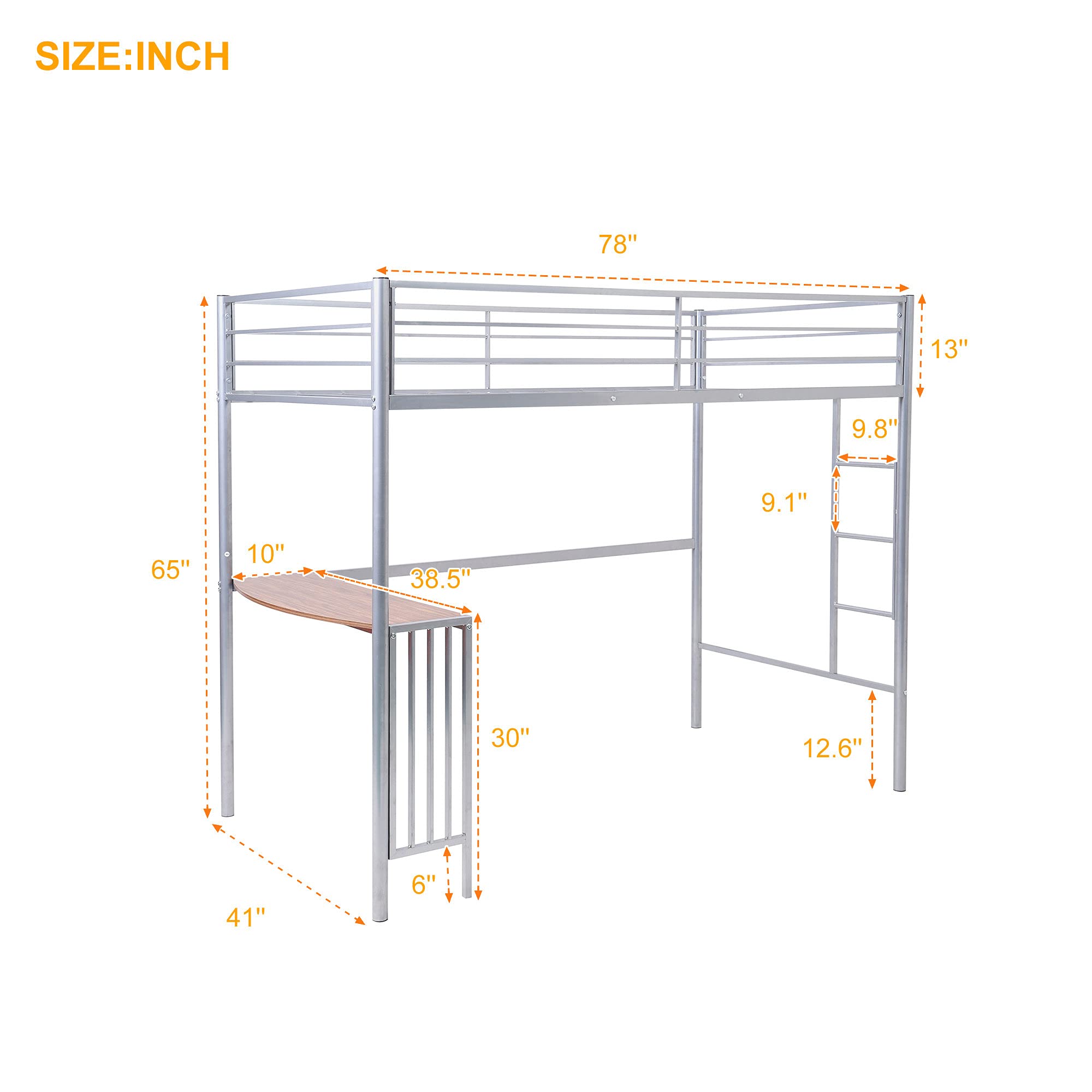 **Metal Loft Bed Frame with Ladder & Guardrails - Twin Size Bunk Bed with Built-in Desk & Bookcase - Space-Saving Loft Bed for Kids & Teens - Perfect for Small Bedrooms, Dorms & Studio Apartments (Silver)**