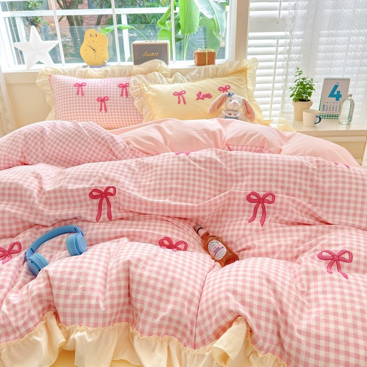 Pastel Pink Gingham Bedding Set with Bow Accents - Cute & Soft Twin/Queen/King Size for Girls Room, Nursery or Dorm Decor
