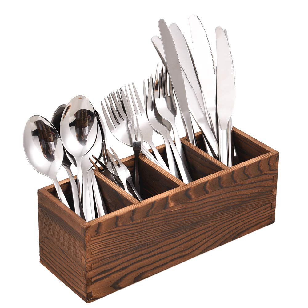 Wooden Silverware Caddy - Adjustable 4-Compartment Kitchen Utensil Organizer for Forks, Spoons & Knives | Perfect for Dining Table, Buffet Setup & Kitchen Counter Storage