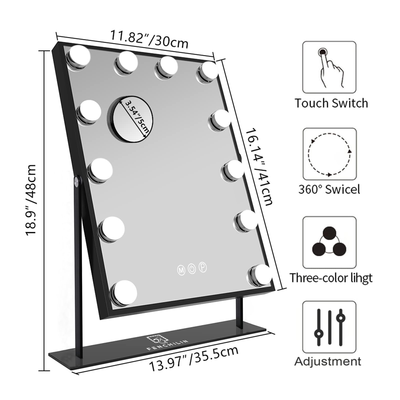 FENCHILIN Hollywood Vanity Mirror with LED Lights - Smart Touch Control, 3-Color Dimmable Lighting, 10X Magnification & 360° Rotation - Detachable Black Makeup Mirror for Professional Makeup Application & Home Beauty Station