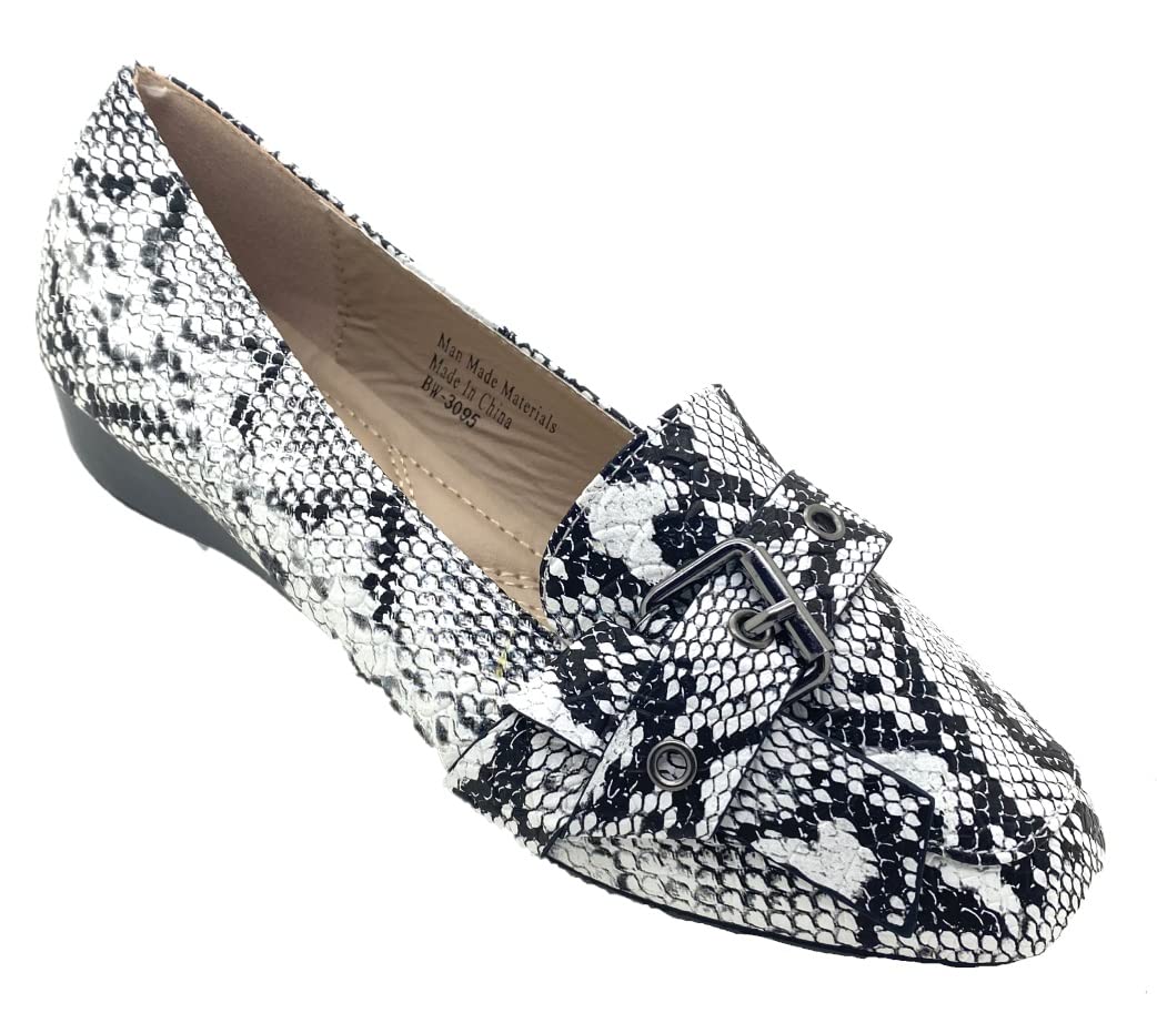 Victoria K Women's Snake Skin Texture Wedge Flat Shoes - Comfortable Everyday & Work Shoes with Cushion Support, Buckle Detail for Fall Winter Spring | Casual Outing, Office Wear & Daily Walking