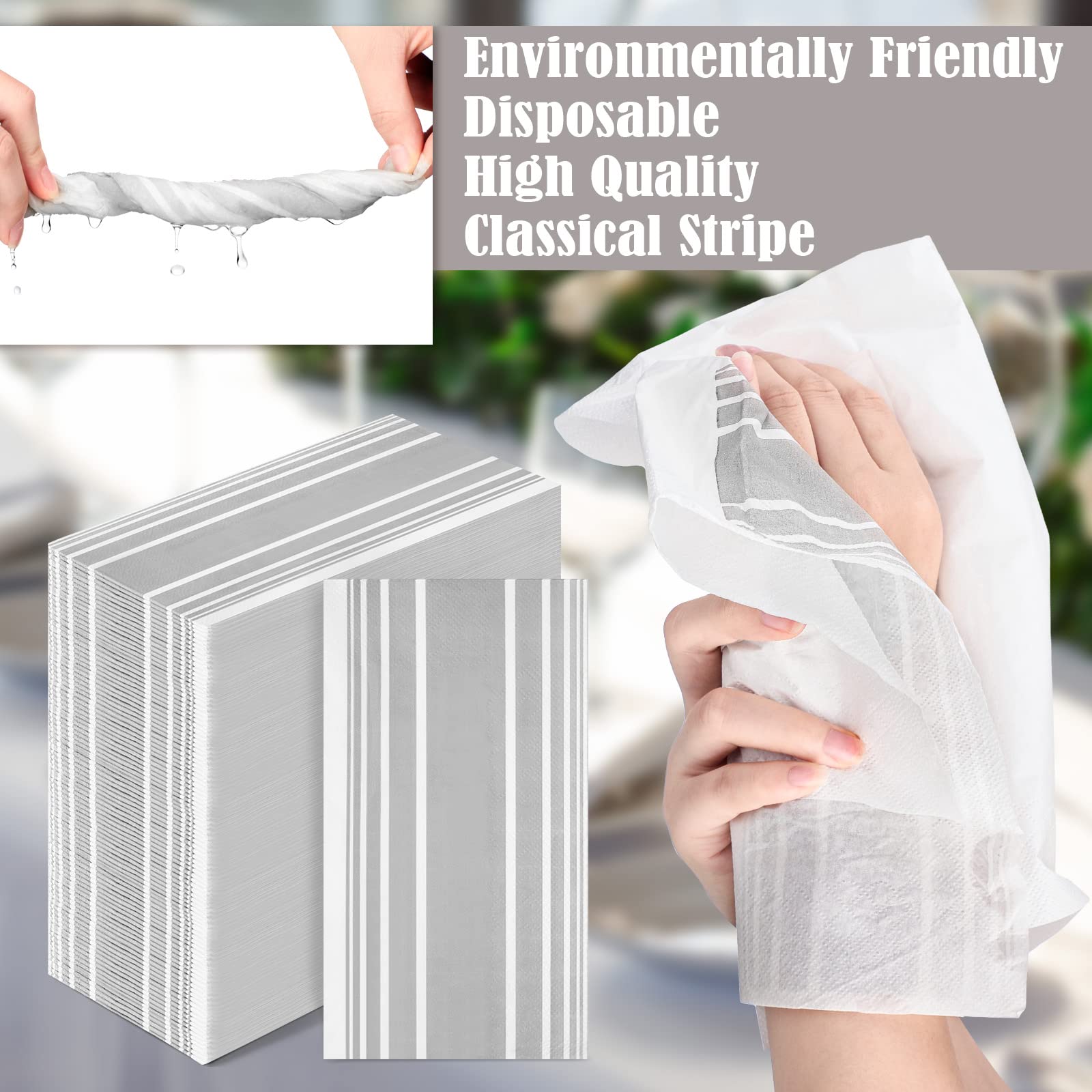 200-Piece Bulk Disposable Paper Guest Towels | 2-Ply Grey Stripe Napkins for Bathroom, Dinner & Holiday Use | Eco-Friendly Hand Towels for Parties, Weddings & Events
