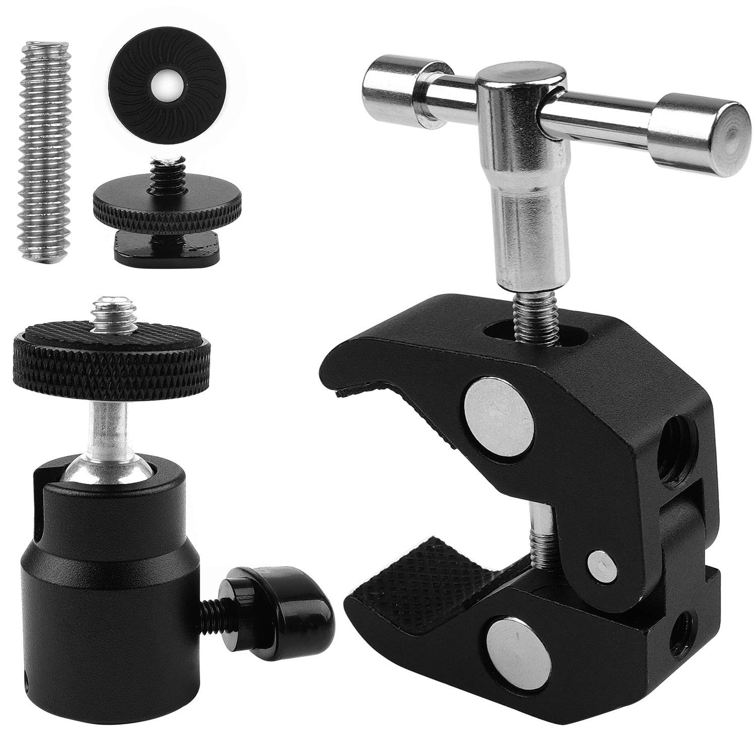2 Pack ChromLives Camera Clamp Mount with Ball Head - Universal Super Clamp & Mini Hot Shoe Mount for LCD/DV Monitors, LED Lights, Microphones (1/4