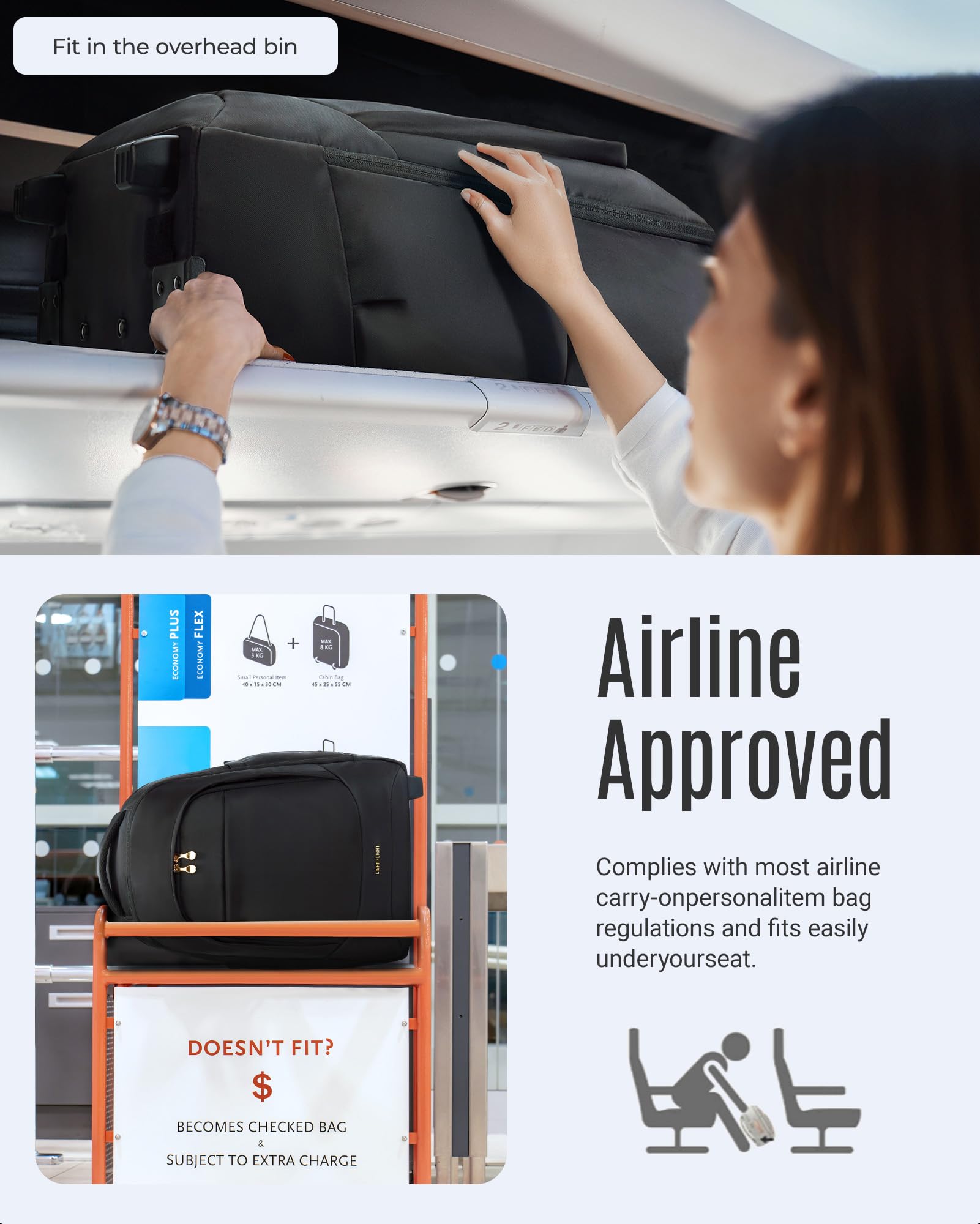 LIGHT FLIGHT Rolling Travel Backpack - Water-Resistant Wheeled Laptop Backpack for Adults & College Students, 17 Inch Large Carry-On Luggage with Wheels (Black) - Perfect for Air Travel, Business Trips & Campus Commutes