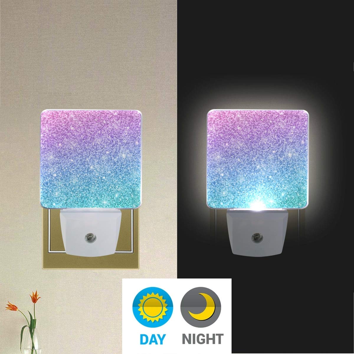 Pink and Blue Glitter Night Light Set of 2 - Plug-in Motion Sensor LED Lamp for Kids Room, Nursery, Bedroom, Hallway (Perfect for Nighttime Safety & Decor)
