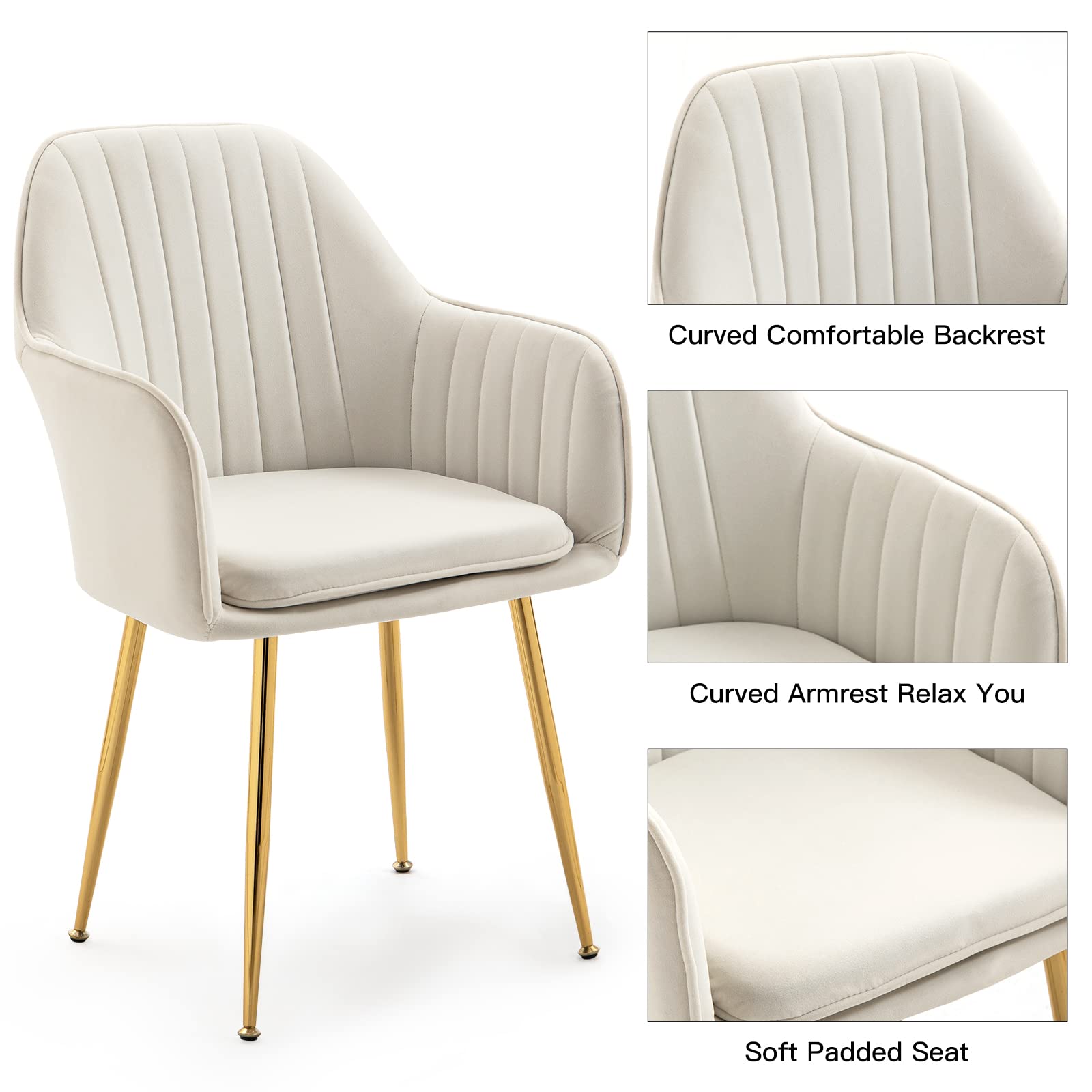 AVAWING Mid-Century Modern Velvet Dining Chairs Set of 4 - Light Beige Upholstered Armchairs with Golden Metal Legs for Living Room, Dining Room & Guest Seating | Elegant Home Decor & Comfortable Club Chairs