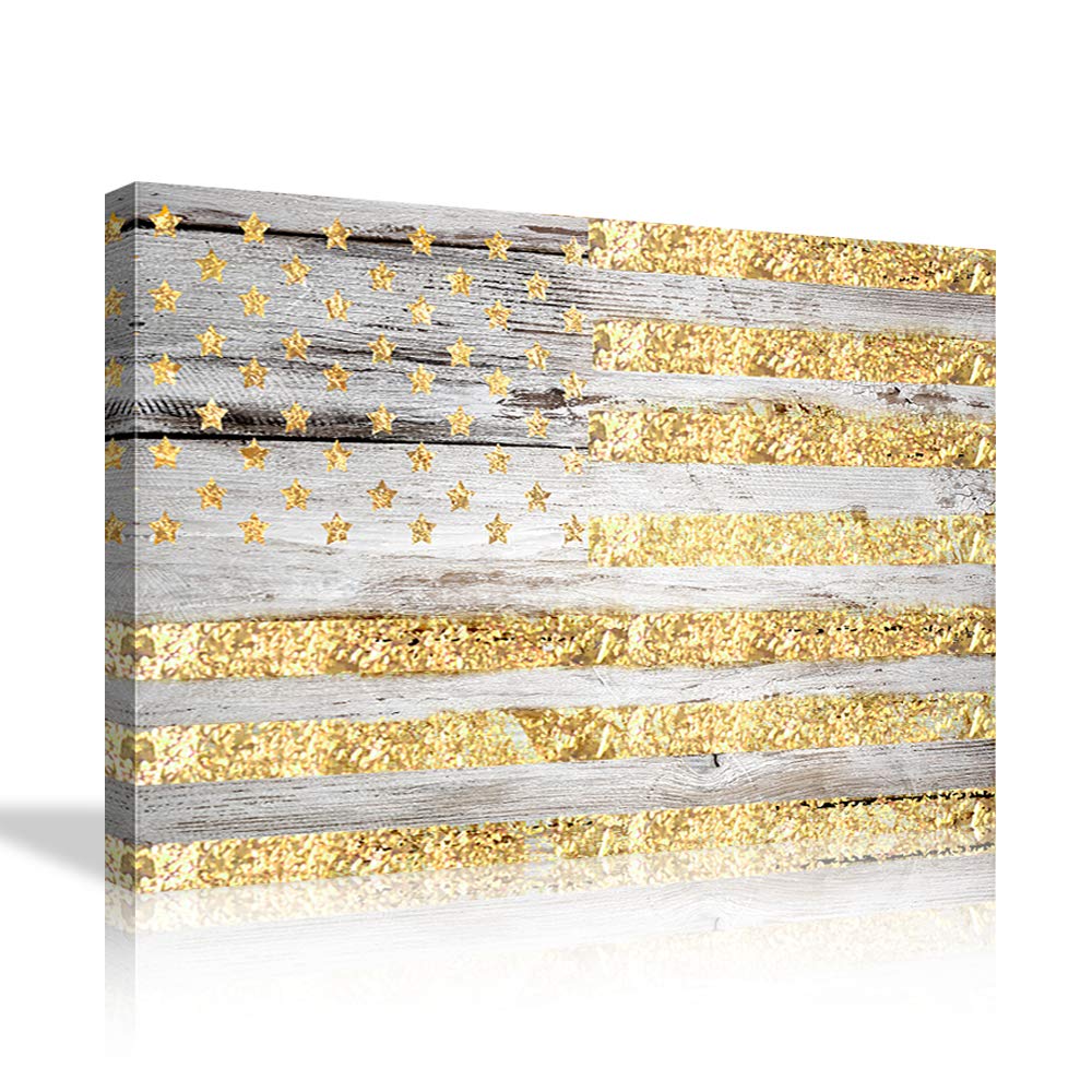 AMEMNY Wooden Gold American Flag Canvas Art - Framed Wall Decor Painting, Ready to Hang | Patriotic Home Office & Living Room Decor