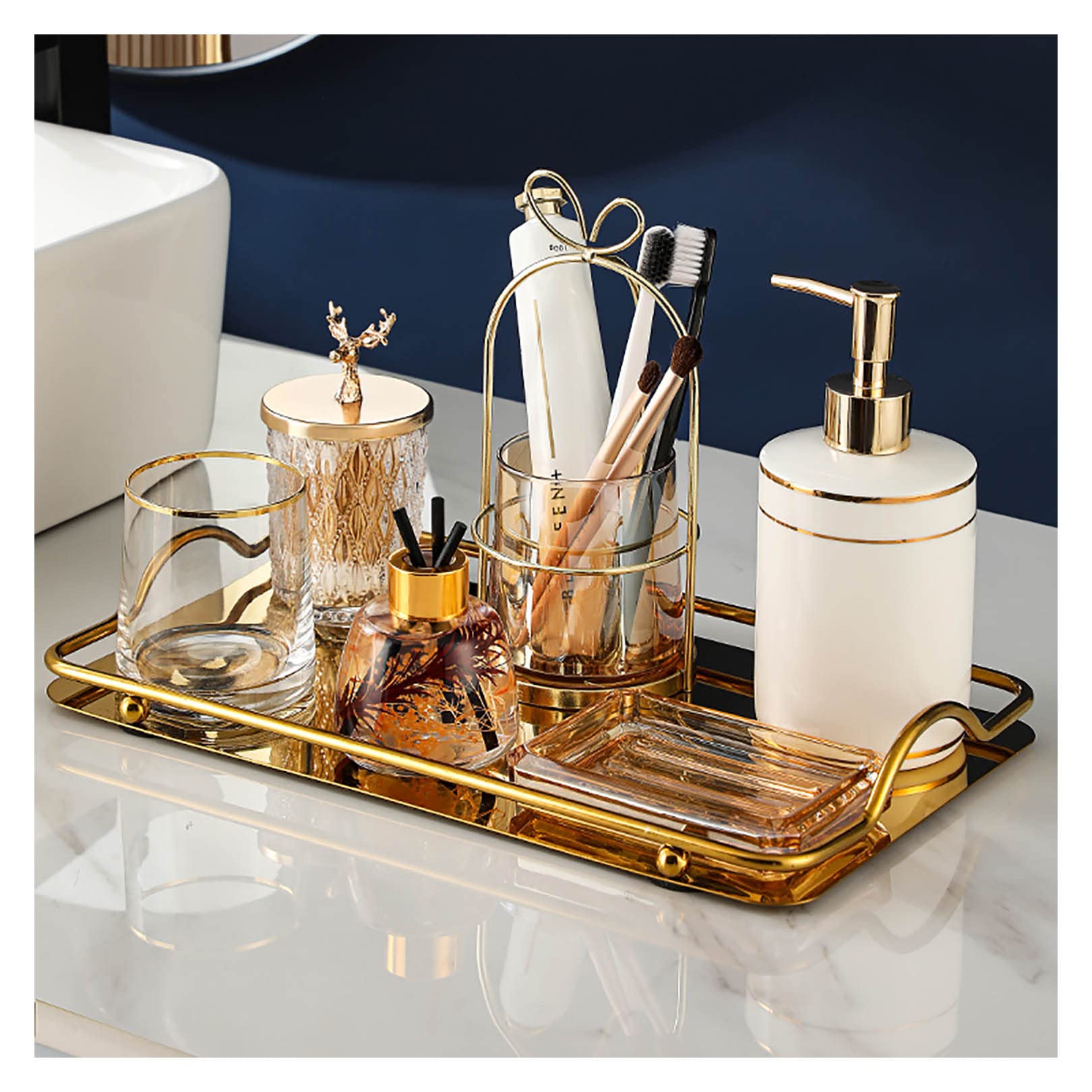 ZHINTE 7-Piece Gold Bathroom Accessories Set - Farmhouse Style Vanity Organizer with Soap Dispenser, Toothbrush Holder & More - Elegant Home Decor for Bathroom Countertop, Guest Bath & Master Suite