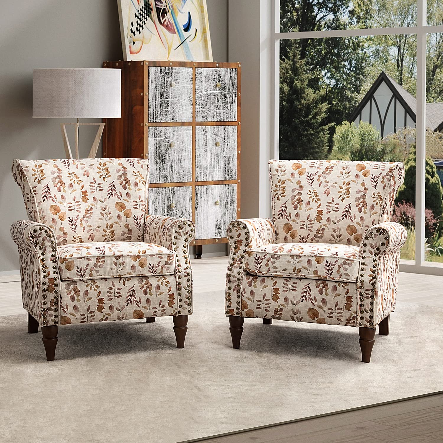 HULALA HOME Modern Wingback Accent Chairs Set of 2 - Upholstered Armchairs with Wood Legs, Removable Cushion & Nailhead Trim - Floral Pattern Living Room Bedroom Sofa Chairs in Yellow - Perfect for Cozy Reading Nook, Lounge Area or Guest Seating