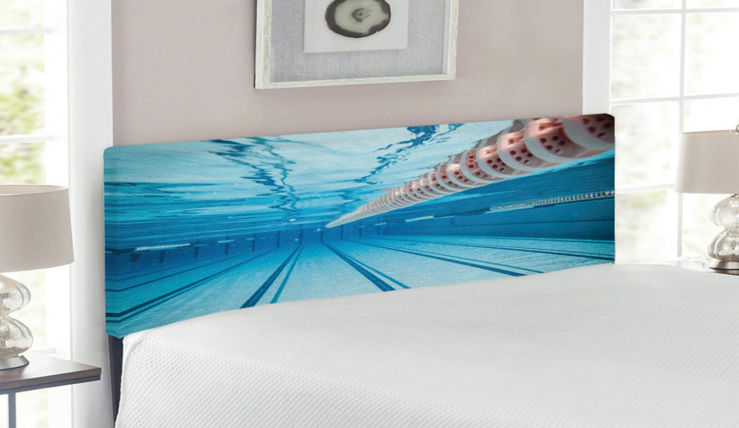 Ambesonne Sports Themed Headboard - Queen Size Upholstered Metal Bed Headboard with Memory Foam, Swimming Pool Underwater View Design for Relaxing Exercise & Leisure Activities, Sky Blue - Perfect for Bedroom Decor, Guest Rooms & Sports Enthusiasts