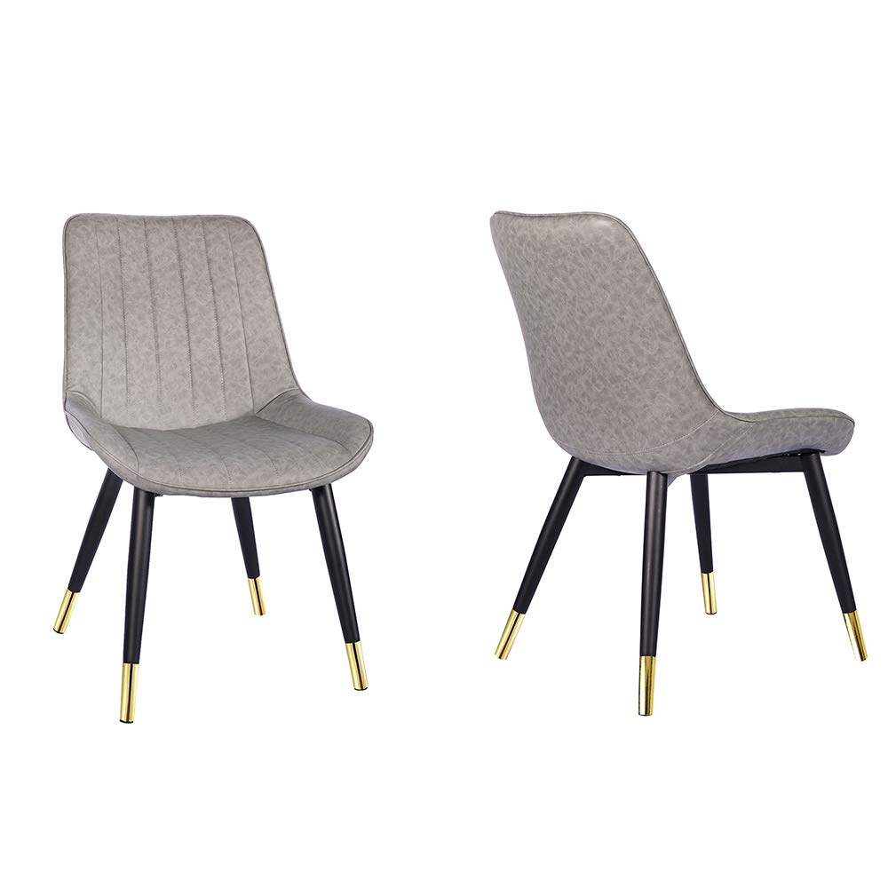 Modern Gray Leather Dining Chairs with Gold-Tipped Metal Legs - Set of 2 Upholstered Kitchen Chairs for Dining Room, Living Room & Bedroom | Elegant Home Decor for Indoor Entertaining & Family Gatherings