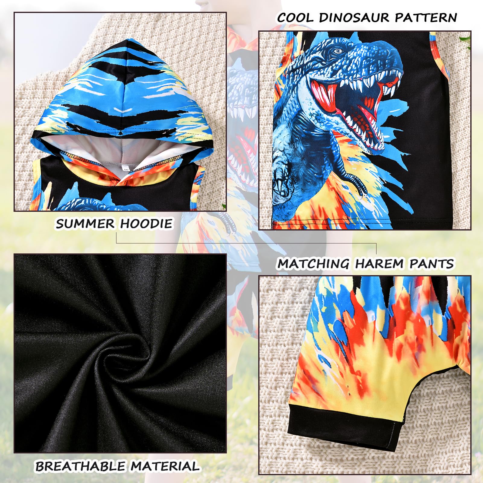 **HINTINA Toddler Boys Dinosaur Sleeveless Hoodie & Shorts Outfit Set - Summer Playwear for Boys, Outdoor Adventures & Casual Wear**