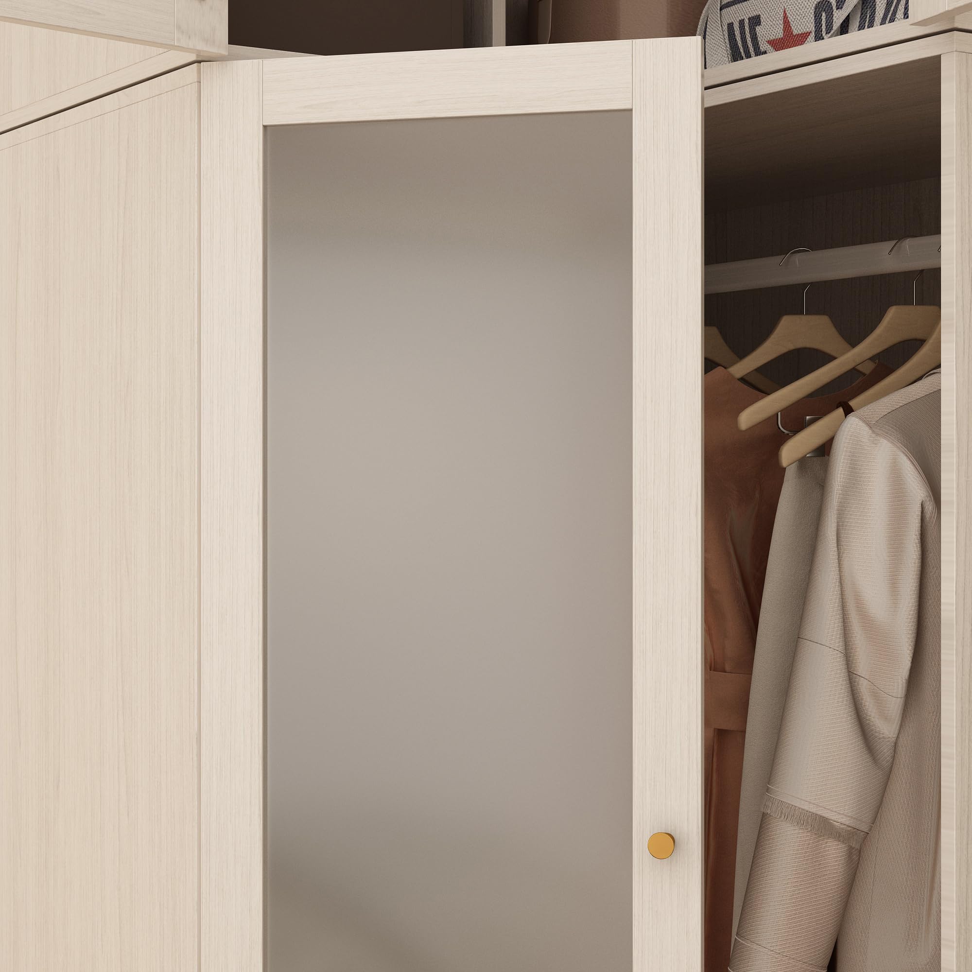 Homsee L-Shaped Armoire Wardrobe Closet with Frosted Glass Doors - Wooden Storage Cabinet with Hanging Bar & Shelves, Top Cabinet for Bedroom Organization - Warm Grey (35.4”L x 35.4”W x 86.6”H) - Perfect for Master Bedroom, Guest Room & Walk-In Closet Storage Solutions