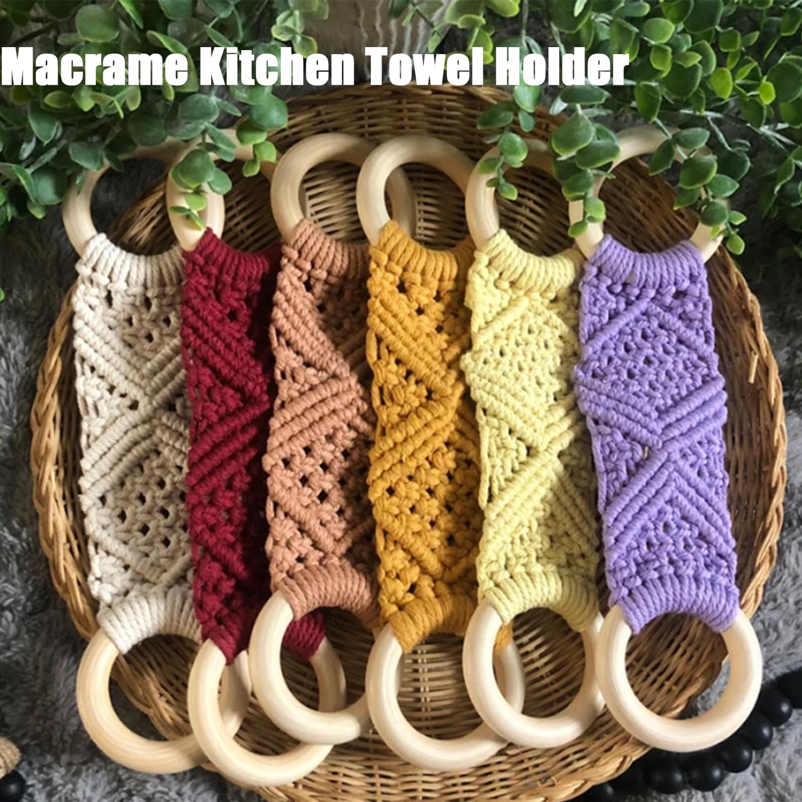 Macrame Kitchen Towel Holder - Handmade Boho Wall Hanging for Dish Towels & Decor (Khaki, 2 Pack) - Perfect for Farmhouse, Rustic & Bohemian Style Kitchens