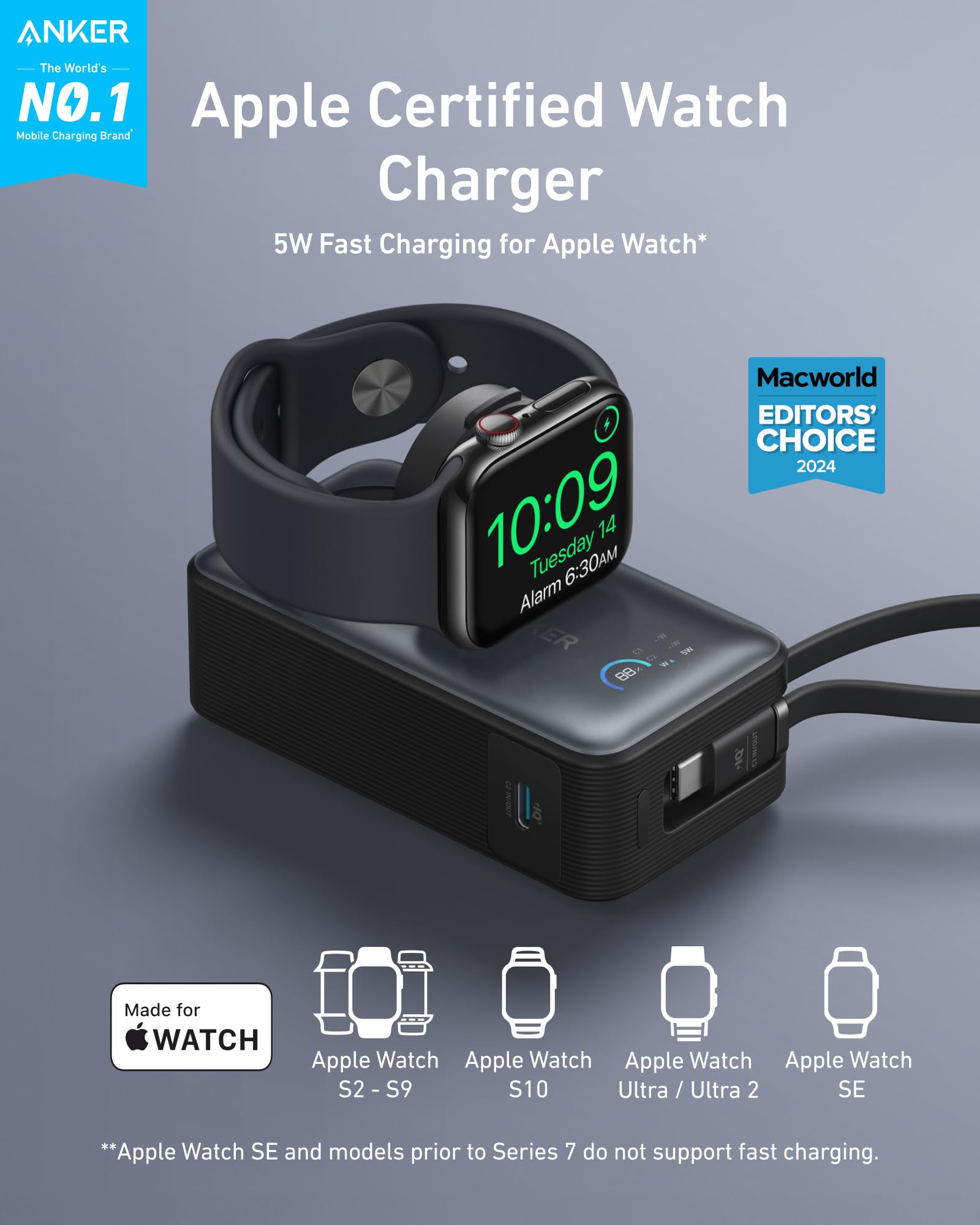 Anker MagGo Power Bank 10,000mAh Portable Charger for Apple Watch, iPhone 15 Series, Samsung, iPad & AirPods - MFi Certified Magnetic Wireless Charger with Built-in USB-C Cable (35W Max) - Perfect for Travel, Camping & Emergency Power Backup