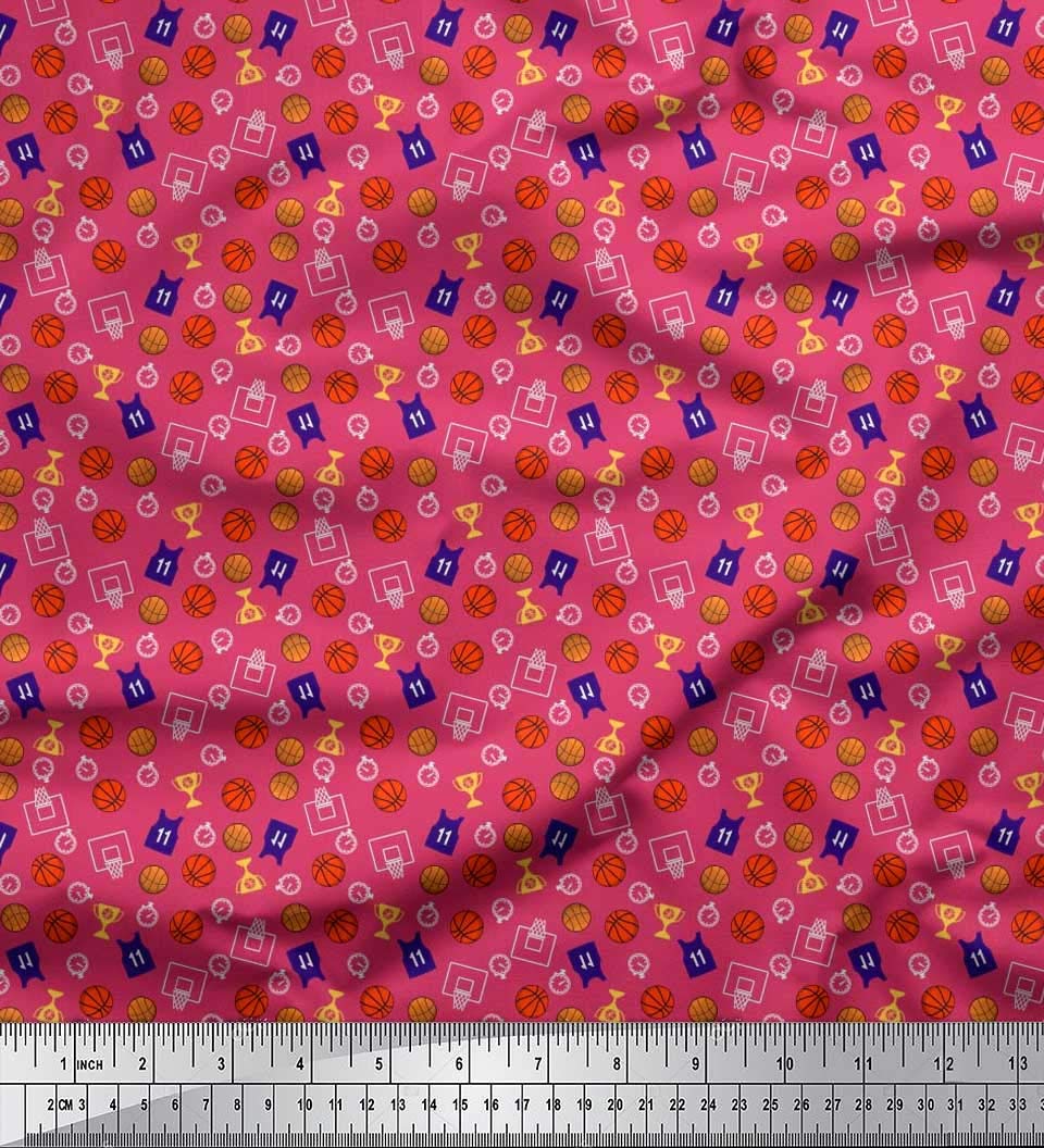Soimoi Rayon Pink Fabric by The Yard - 42 Inch Wide - Sports Print with Trophy, Timer Clock & Basketball Design - Perfect for DIY Championship T-Shirts, Team Jerseys, and Sports-Themed Home Decor