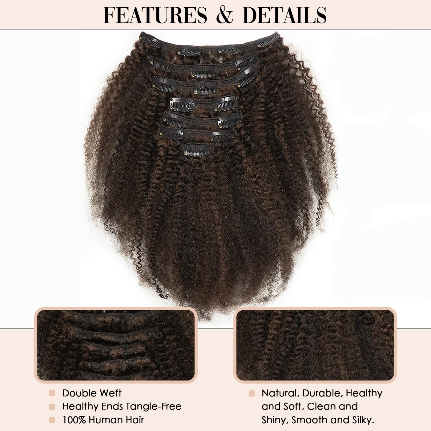 Caliee 20Inch Clip In Human Hair Extensions 4B Afro Kinky Curly - 100% Remy Human Hair Weave for Black Women - Natural Dark Brown Highlighted Thick Hair Extensions | Perfect for Daily Styling, Special Occasions & Protective Hairstyles