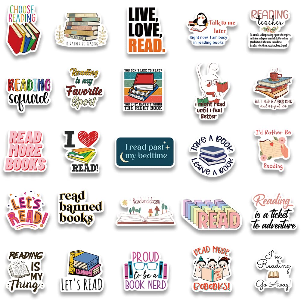 50PCS Funimost Waterproof Vinyl Book Stickers for Reading Lovers - Cute Bookish Stickers for Teachers, Students, Books, Laptops & Water Bottles - Perfect for School Supplies, Journaling & Gift Giving