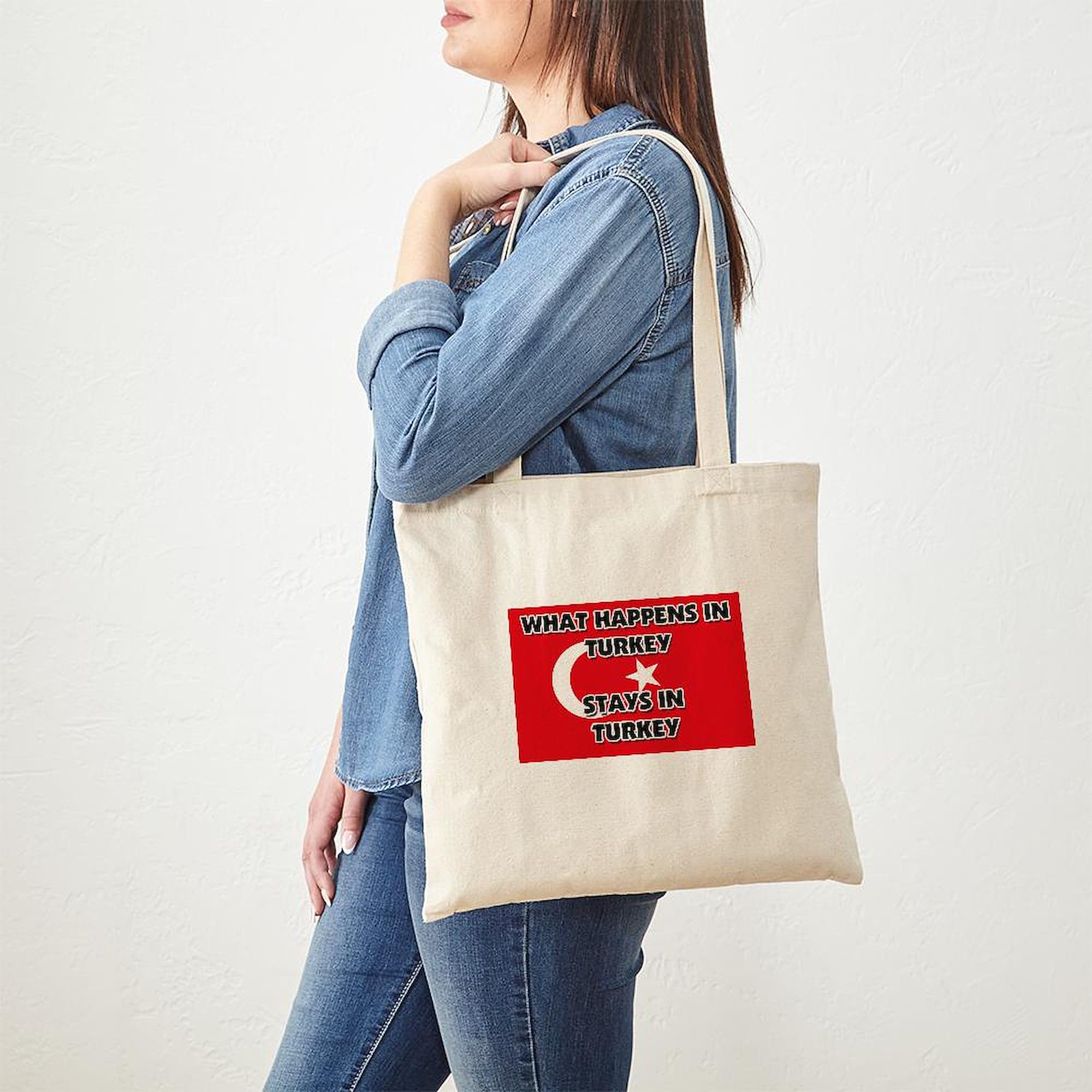 Stylish Natural Canvas Tote Bag - Reusable Shopping Bag with 'What Happens in Turkey Stays There' Print | Perfect for Groceries, Beach Trips & Travel Accessories