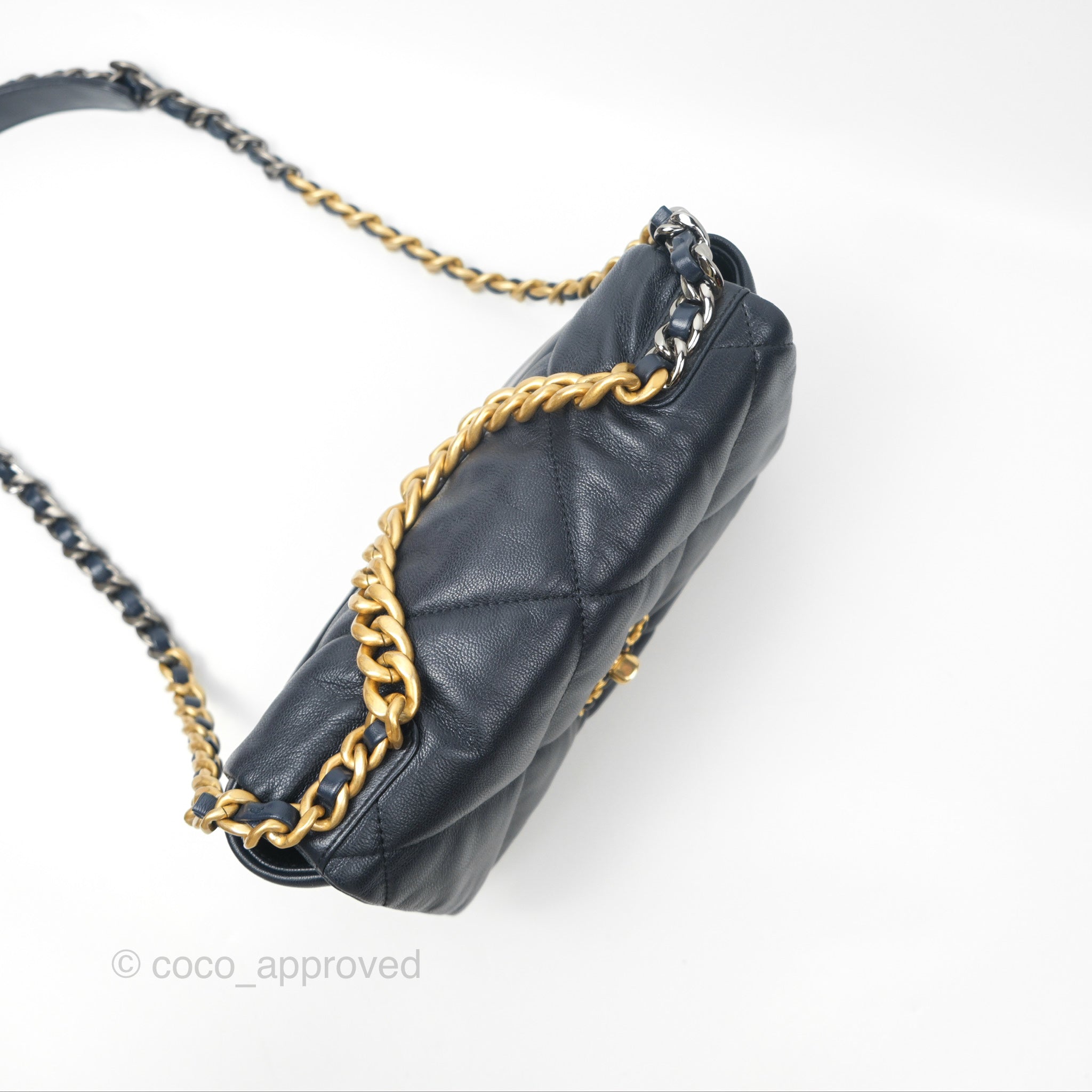 Chanel 19 Small Navy Blue Goatskin Leather Bag with Mixed Gold & Silver Hardware - Luxury Crossbody Purse for Women, Perfect for Date Night & Evening Events