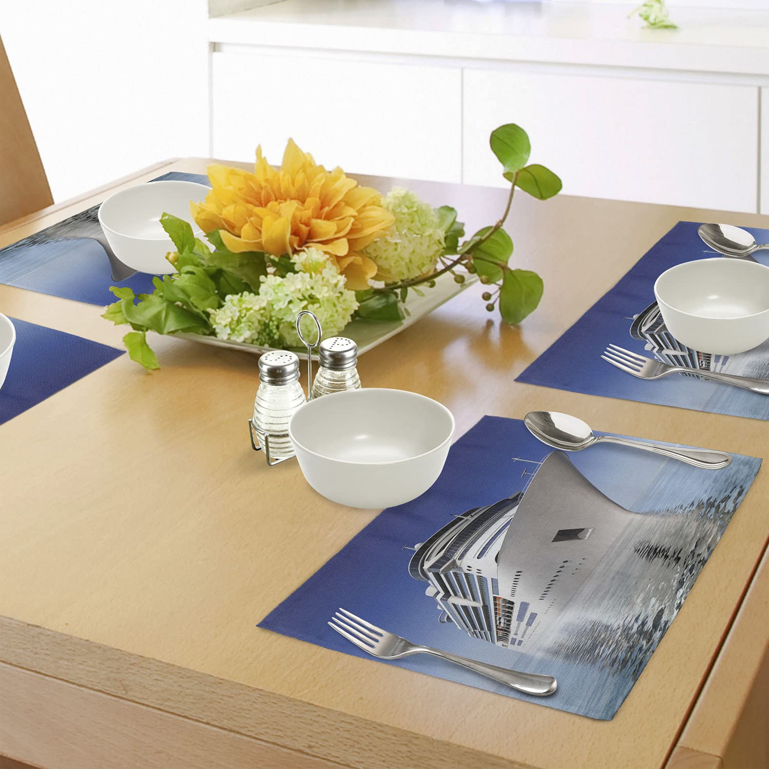 Ambesonne Cruise Ship Place Mats Set of 4 - White Cruise Ship on Calm Blue Water with Clear Sky - Washable Fabric Dining Table Mats - Standard Size Blue & White - Perfect for Nautical Theme Dinner Parties and Cruise Ship Enthusiasts