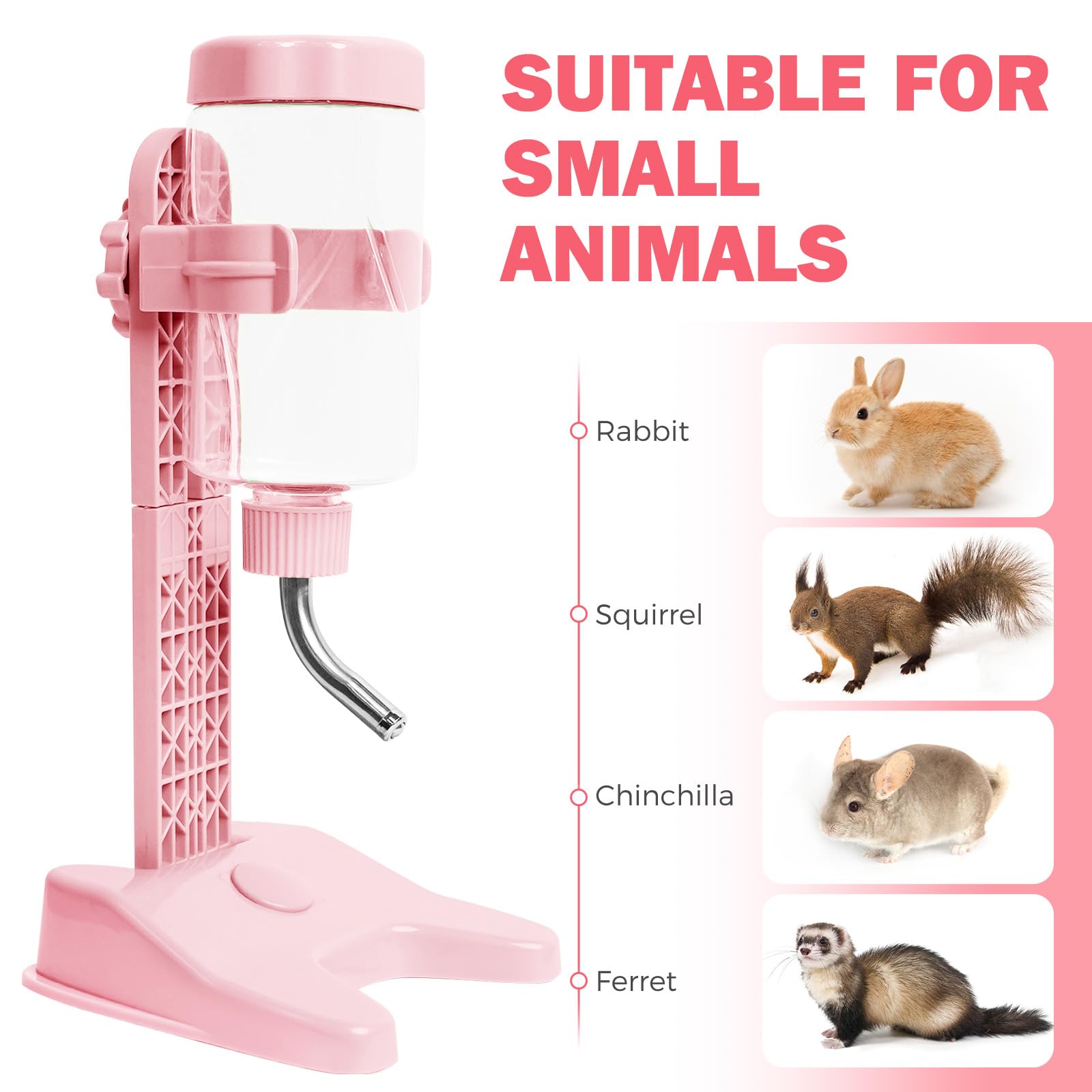VANNON Top Fill Pet Water Dispenser - 13oz Leakproof Dog Water Bottle with Stand, Adjustable Height, BPA Free for Small Animals - Ideal for Travel, Cages, and Home Use (Pink)