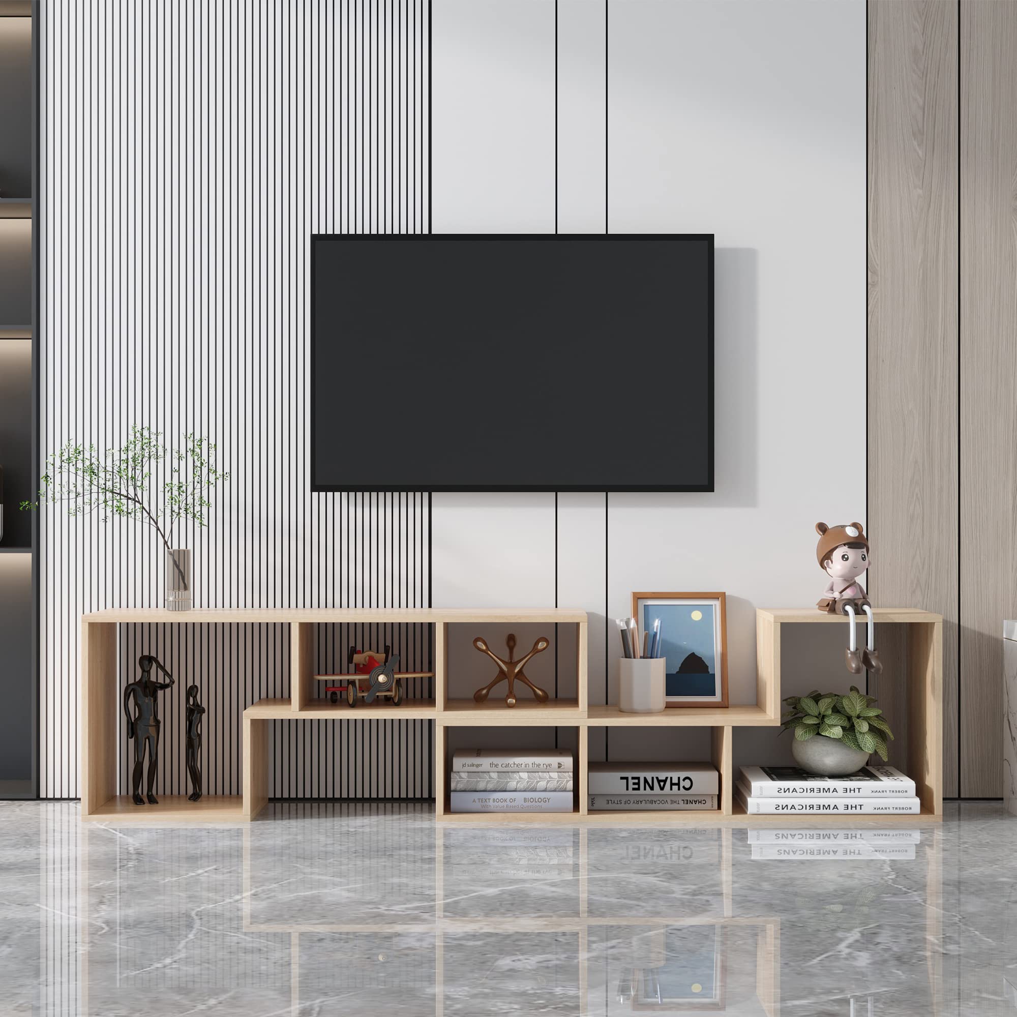 Alemior 2-Piece Wooden TV Stand Entertainment Center for 32-65 Inch TVs - Modern Oak Media Console with Storage Cubes & Bookcase - Perfect for Living Room, Home Theater & Office Organization