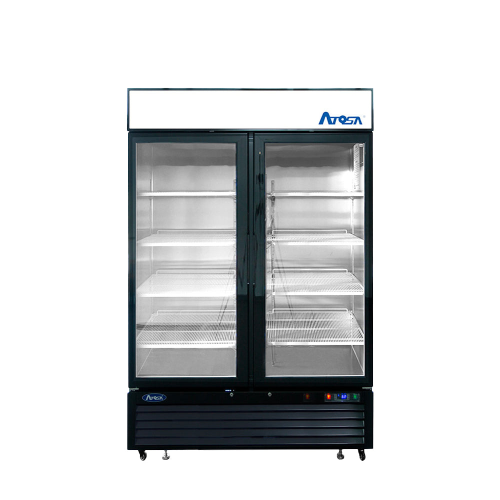 Atosa 39 Inch Commercial Merchandiser Refrigerator - 2 Glass Doors, Black Exterior - Perfect for Restaurants, Cafes, and Convenience Stores