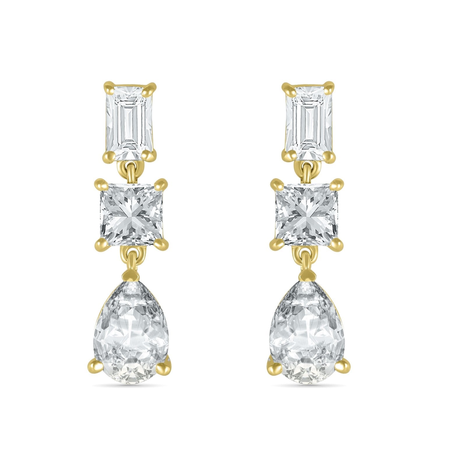 10K Yellow Gold Three Stone White Sapphire Dangle Earrings - Mixed Shape Elegant Drop Earrings for Women, Perfect for Weddings, Parties & Special Occasions