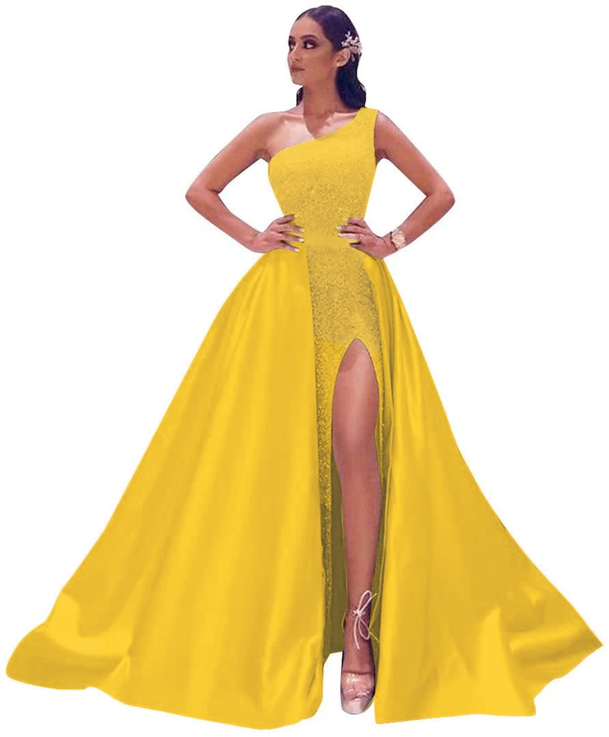 Dymaisei Women's One Shoulder Prom Dress 2022 - Sparkly Sequins Evening Gown with High Slit for Formal Events, Homecoming, Pageant & Red Carpet Occasions