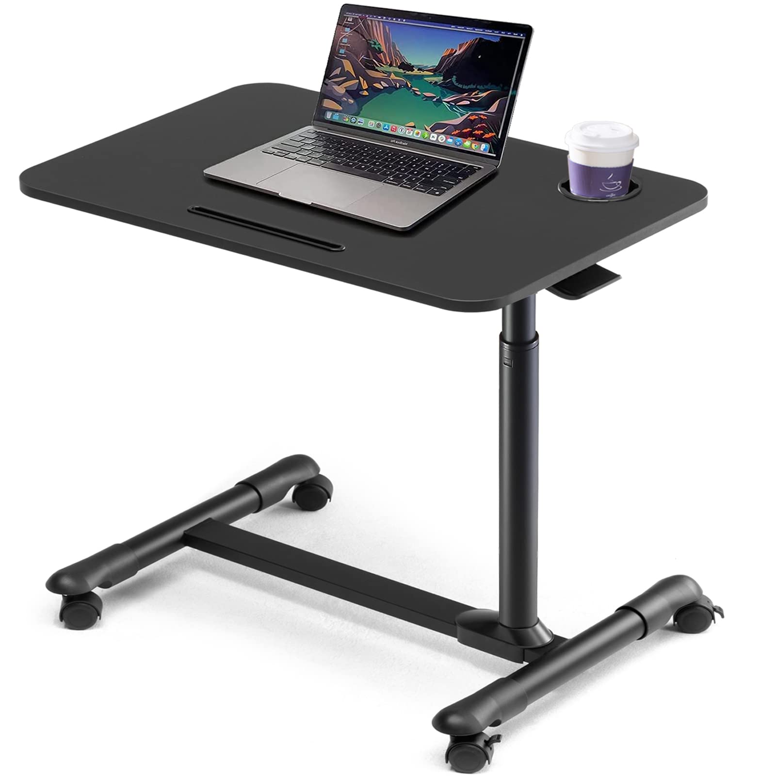 Adjustable Overbed Table with Wheels - Rolling Hospital Bedside Tray Table for Laptop, Food & Reading - Portable Mobile Desk for Home, Office & Patient Care (Black)