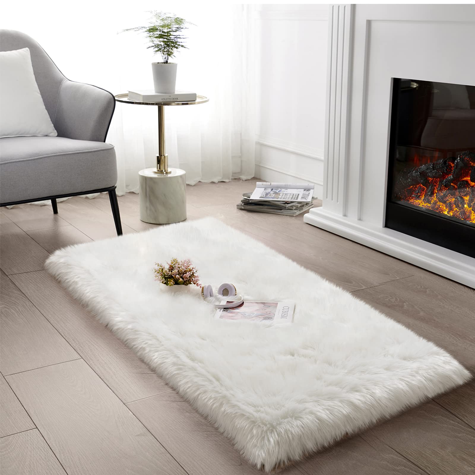 Soft Faux Fur Rug - Fluffy White Shaggy Area Rug 2x4 Feet for Bedroom Decor, Cozy Sheepskin Carpet for Living Room, Nursery & Dorm - Plush Fuzzy Rectangle Rug (White)