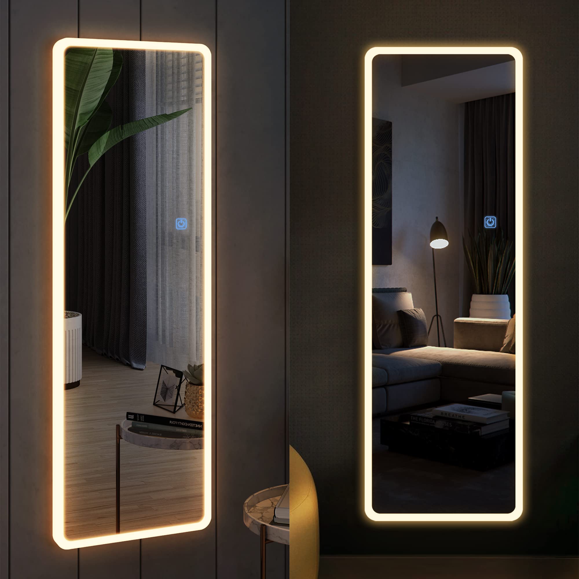 Over The Door LED Mirror 47x16 Inch - Full Length Lighted Mirror with Dimmable 3-Color Lighting, Wall Mountable Vanity Mirror for Bedroom, Dorm, Bathroom & Makeup Area (1 Piece)