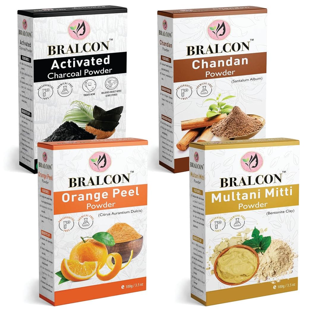 BRALCON Activated Charcoal, Sandalwood, Orange & Multani Mitti Powder Combo - 400g (4 x 100g Pack) for All Skin Types - Face & Hair Care in Separate Packaging - Natural Skincare & Hair Treatment for Acne, Oil Control & Detox