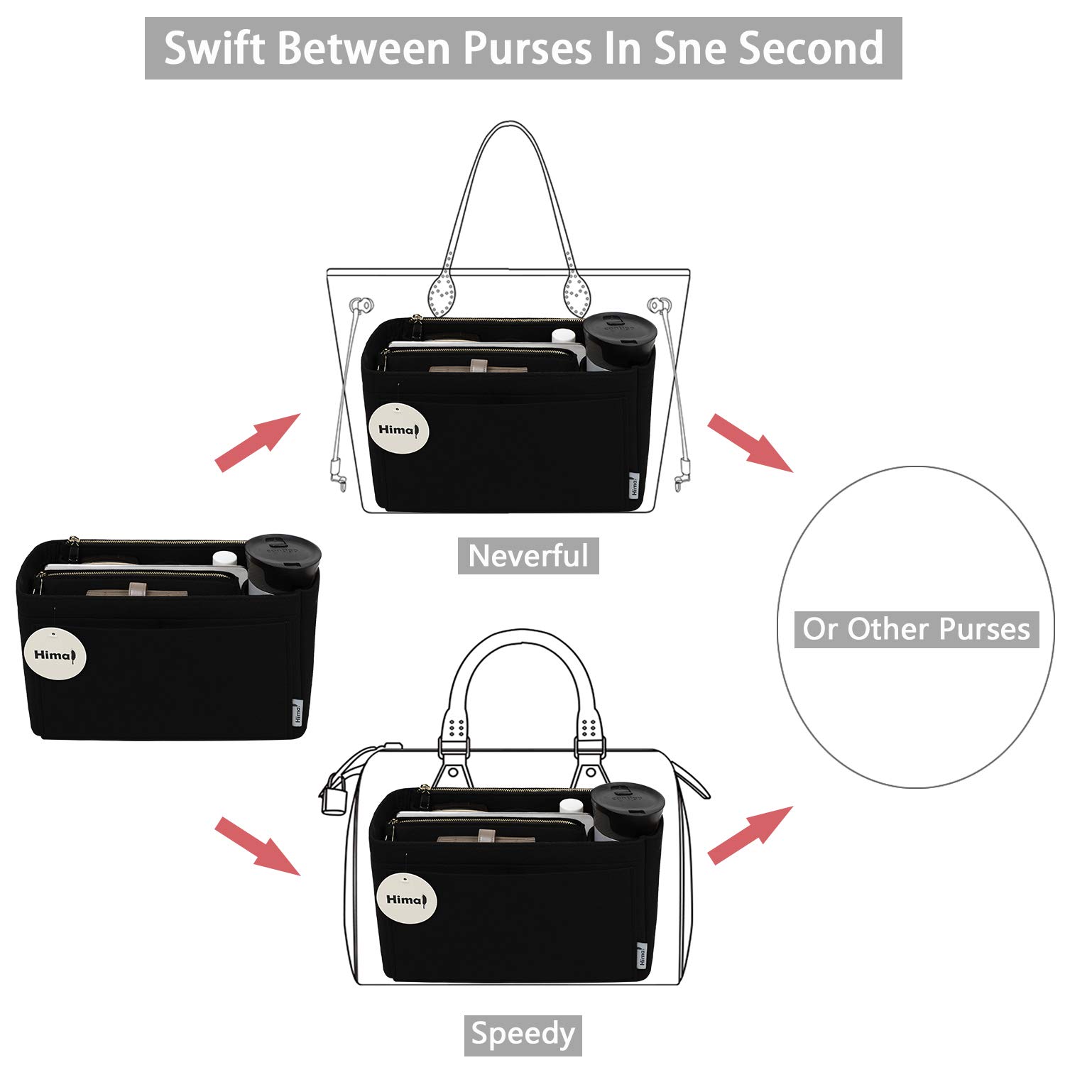 Purse Organizer Insert - Handbag & Tote Bag Organizer for Speedy Neverfull - 5 Sizes (Large, Black) - Perfect for Travel, Work & Daily Use