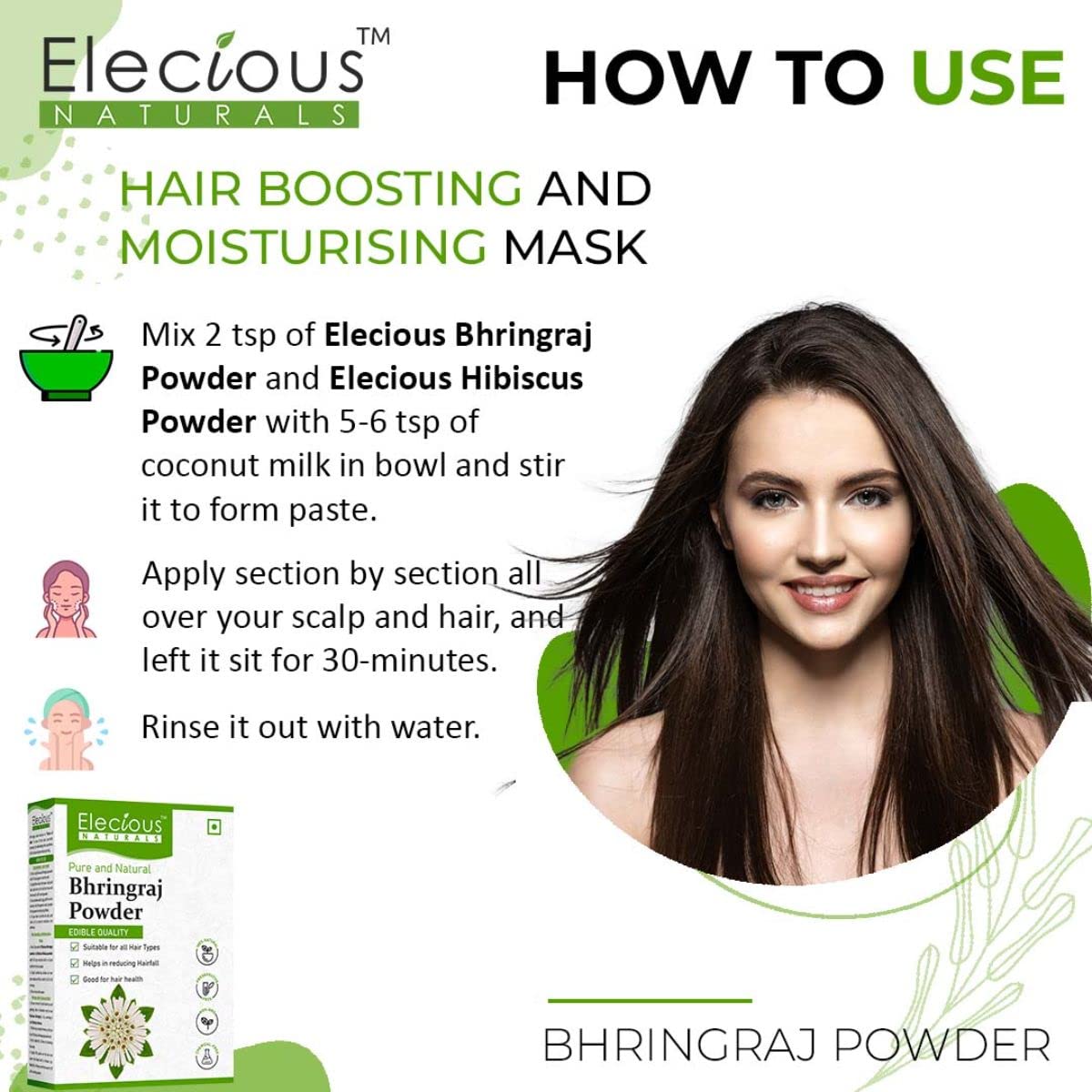 Elecious Pure Bhringraj Powder for Hair Growth & Consumption - 200g | 100% Natural, Preservative-Free | Ideal for Hair Masks, Oils & Dietary Supplement | Promotes Healthy Hair & Scalp