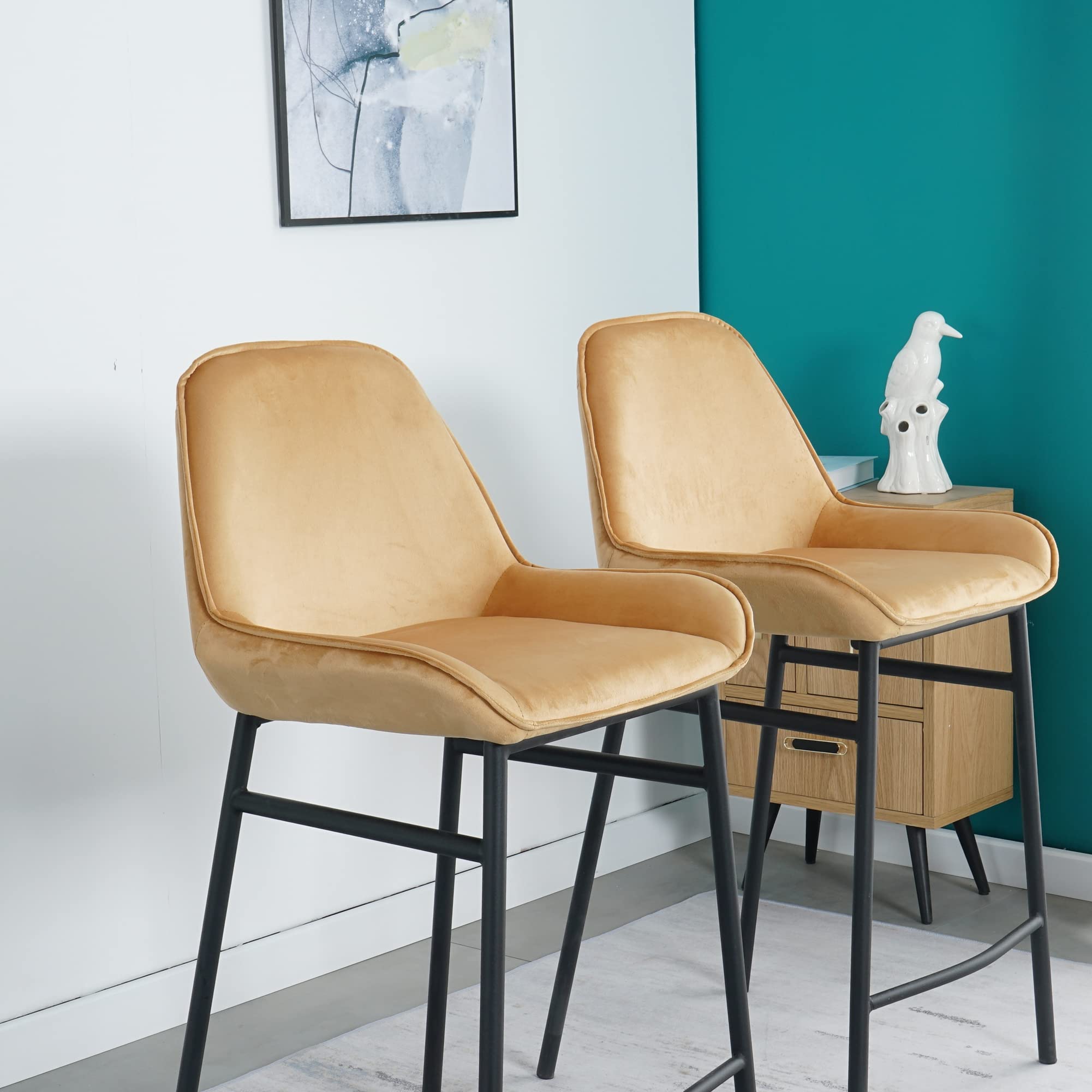 Modern Velvet Counter Height Bar Stools Set of 2 with Backrest & Footrest - Armless Upholstered Barstools for Kitchen Island, Breakfast Bar & Dining Table - Comfortable Seating for Home, Cafe & Restaurant (C-Yellow)