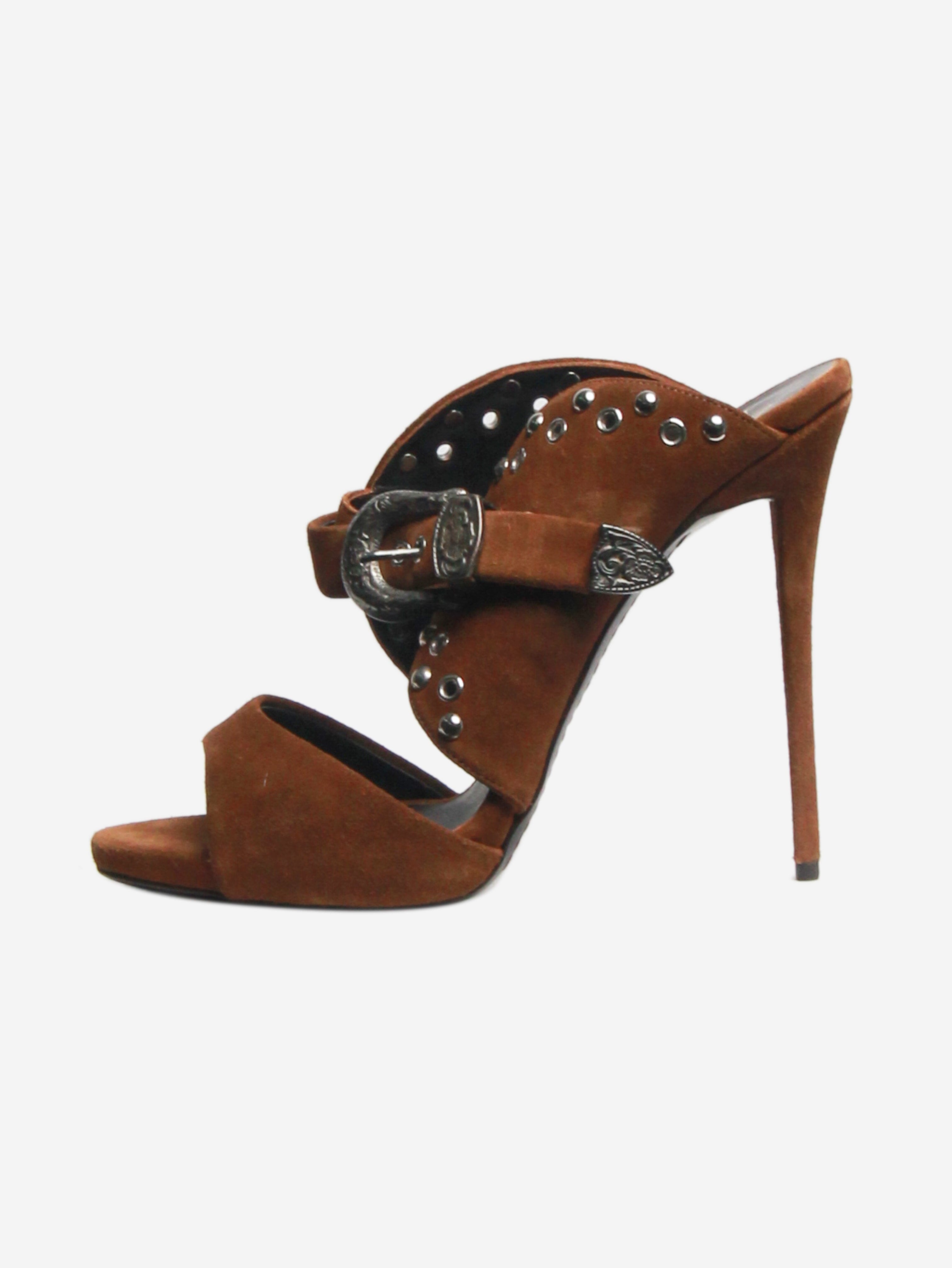 Brown Suede Studded Sandal Heels Women's Size EU 40 (US 10) - Comfortable Block Heels for Party, Wedding & Evening Events