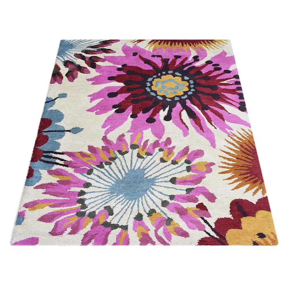 Hand Tufted Wool Eco-Friendly Area Rugs - 8'x10' Rectangle Cream Floral Modern Design, High Pile Thick Handmade Non-Slip Rug for Living Room, Bedroom, Nursery & Office - Soft & Durable Home Decor (K00504)