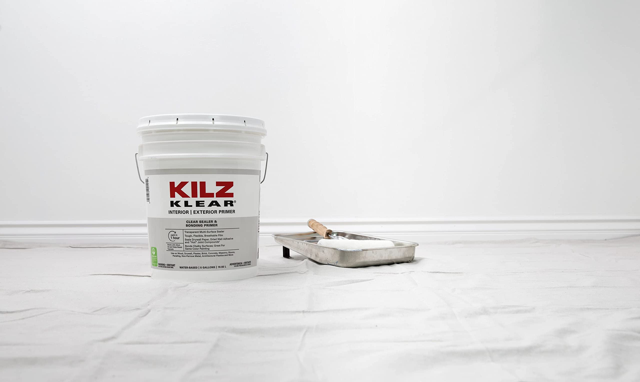 KILZ Klear Primer - Clear Interior & Exterior Paint Primer - 5 Gallon - Perfect for Walls, Wood, Metal & Masonry Surfaces - Water-Based & Low VOC Formula