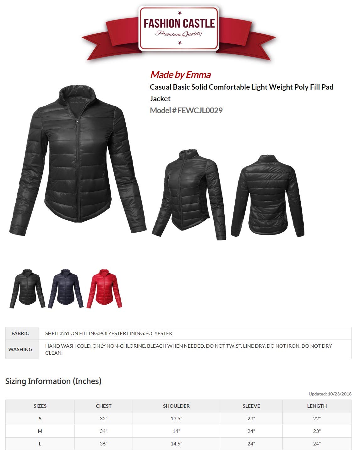 Emma Women's Lightweight Quilted Puffer Jacket - Solid Color Outdoor Sports Coat for Hiking, Running & Casual Wear
