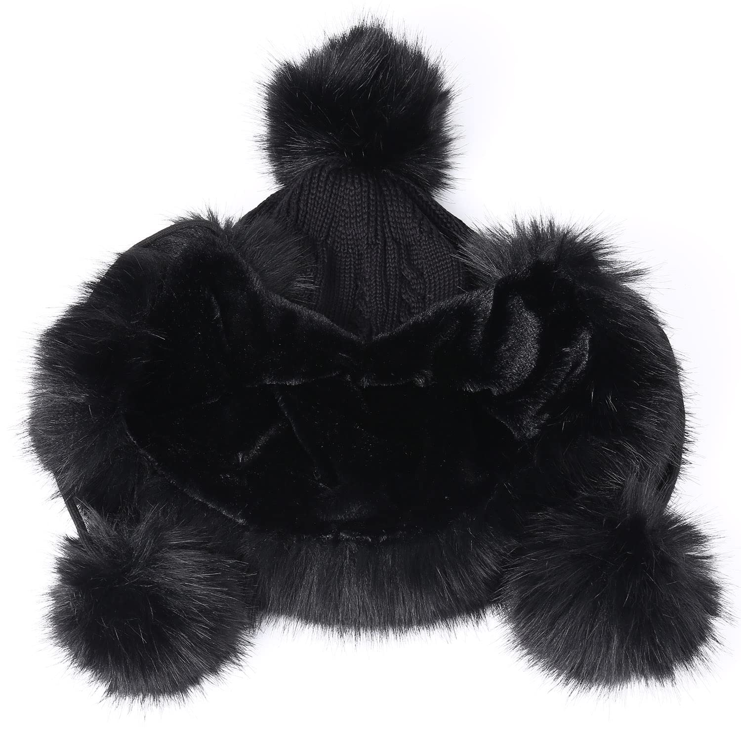 PINKGIRL Women's Faux Fur Winter Knit Beanie Hat with Ear Flaps - Fleece Lined Warm Skull Cap with Pom Pom for Skiing, Snowboarding & Outdoor Activities