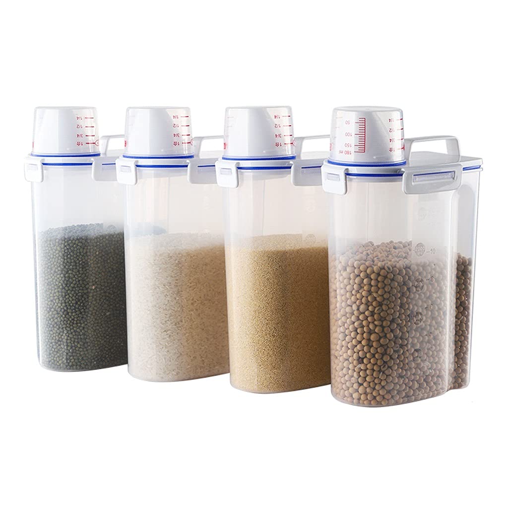 3L Airtight Plastic Food Storage Container with Measuring Cup - Rice, Grains, Cereal Organizer for Kitchen Pantry (Set of 4) - Perfect for Bulk Food Storage, Meal Prep & Space Saving Organization