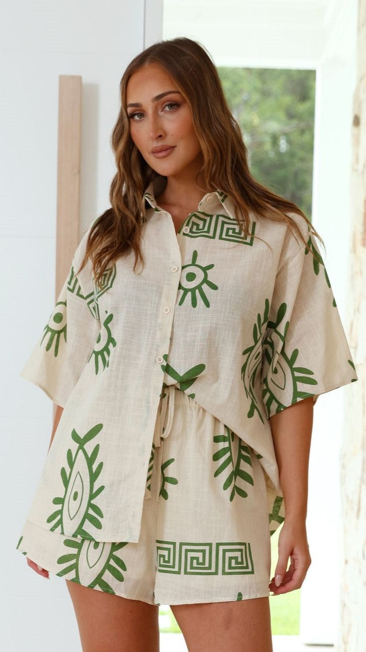 Charli Button Up Shirt and Shorts Set - Beige/Green Aztec Print Outfit for Women | Casual Summer Wear, Beach Vacation, Boho Festival Fashion