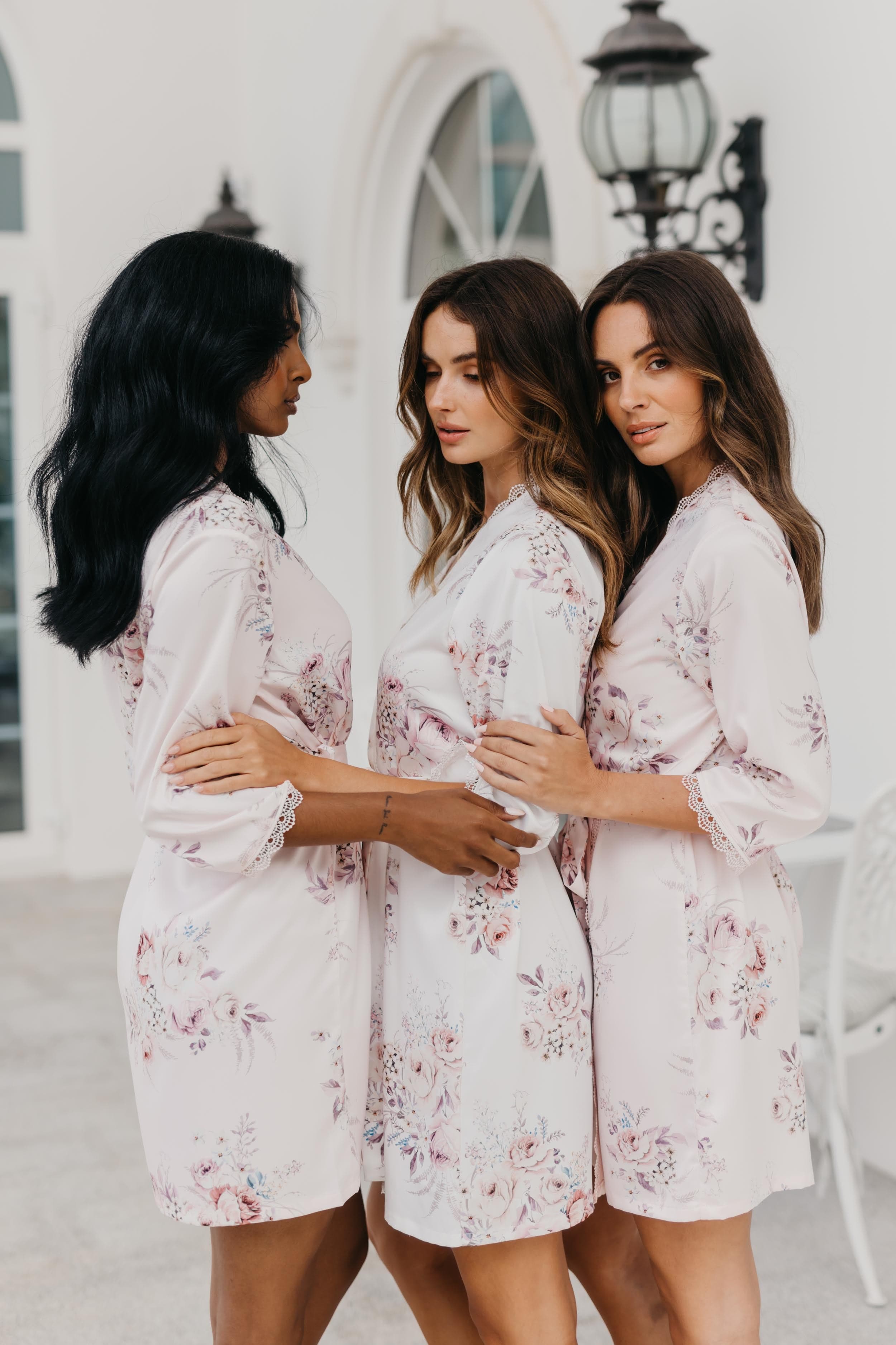 Elegant Rose Mist Floral Lace Trim Satin Robe - Women's Luxury Kimono Bathrobe for Bridal, Spa, Honeymoon & Boudoir Photography