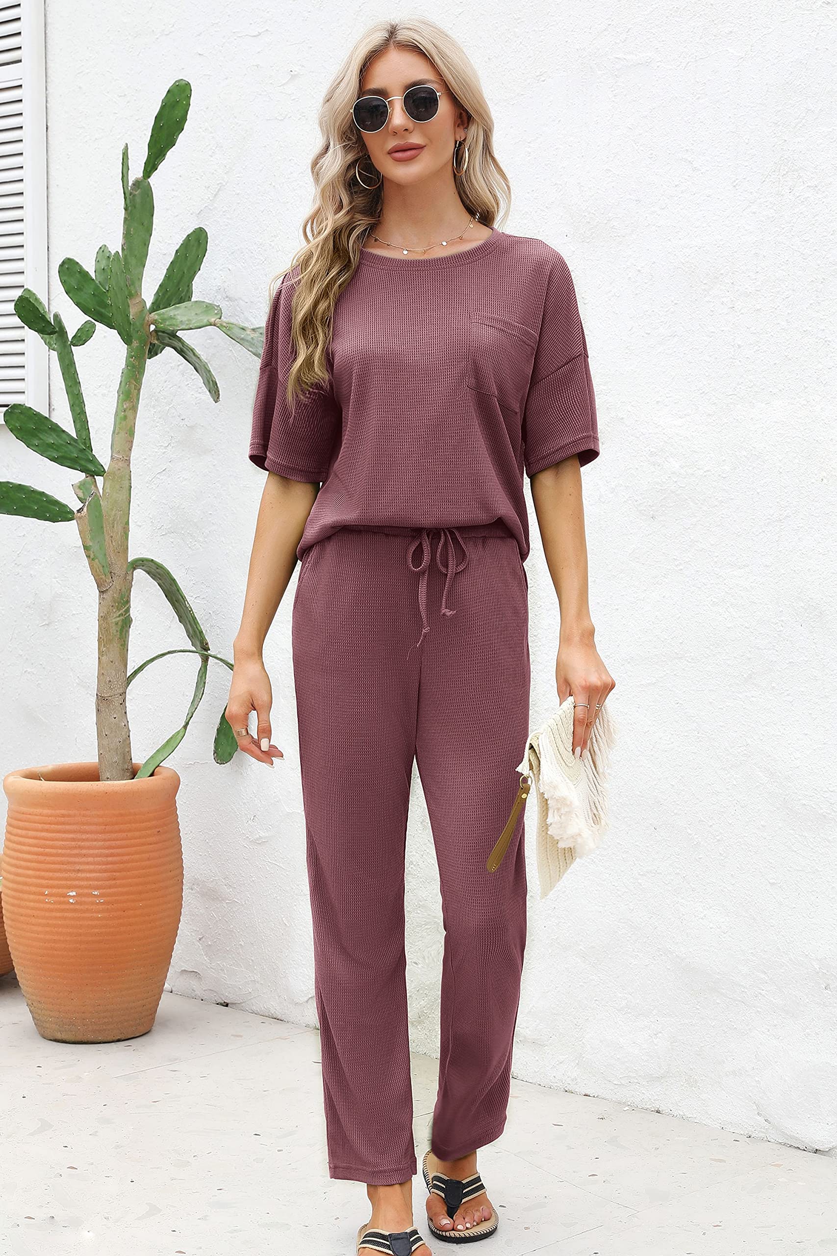 JiniGolla Women's Waffle Knit Pajama Set - Soft Short Sleeve Top & Long Pants Sleepwear for Lounge & Nighttime Comfort | Cozy Homewear, Perfect for Relaxing, Sleeping & Lounging