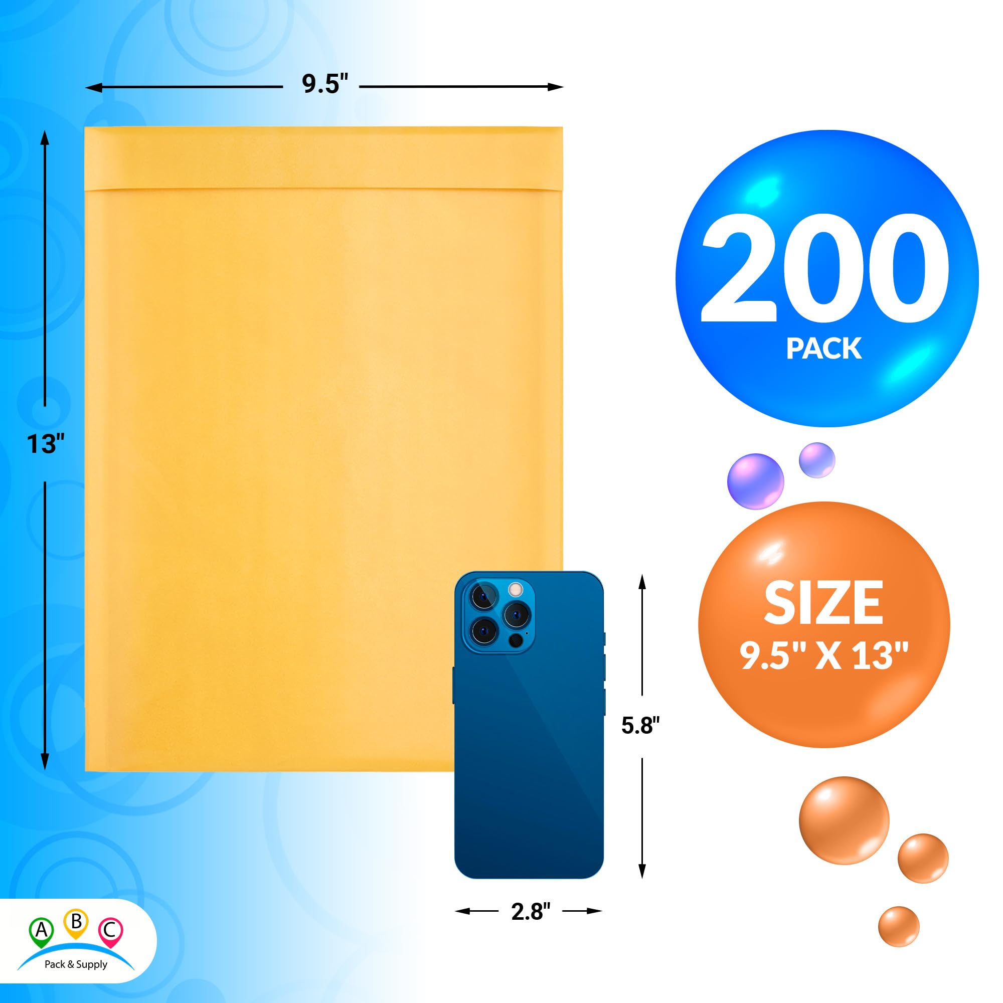 ABC 9.5x13 Inch Yellow Kraft Bubble Mailer Envelopes - 200 Pack Self Seal Padded Mailing Envelopes | Water-Resistant & Opaque Kraft Mailers for Jewelry, Cosmetics, Small Business Shipping & Ecommerce Packaging