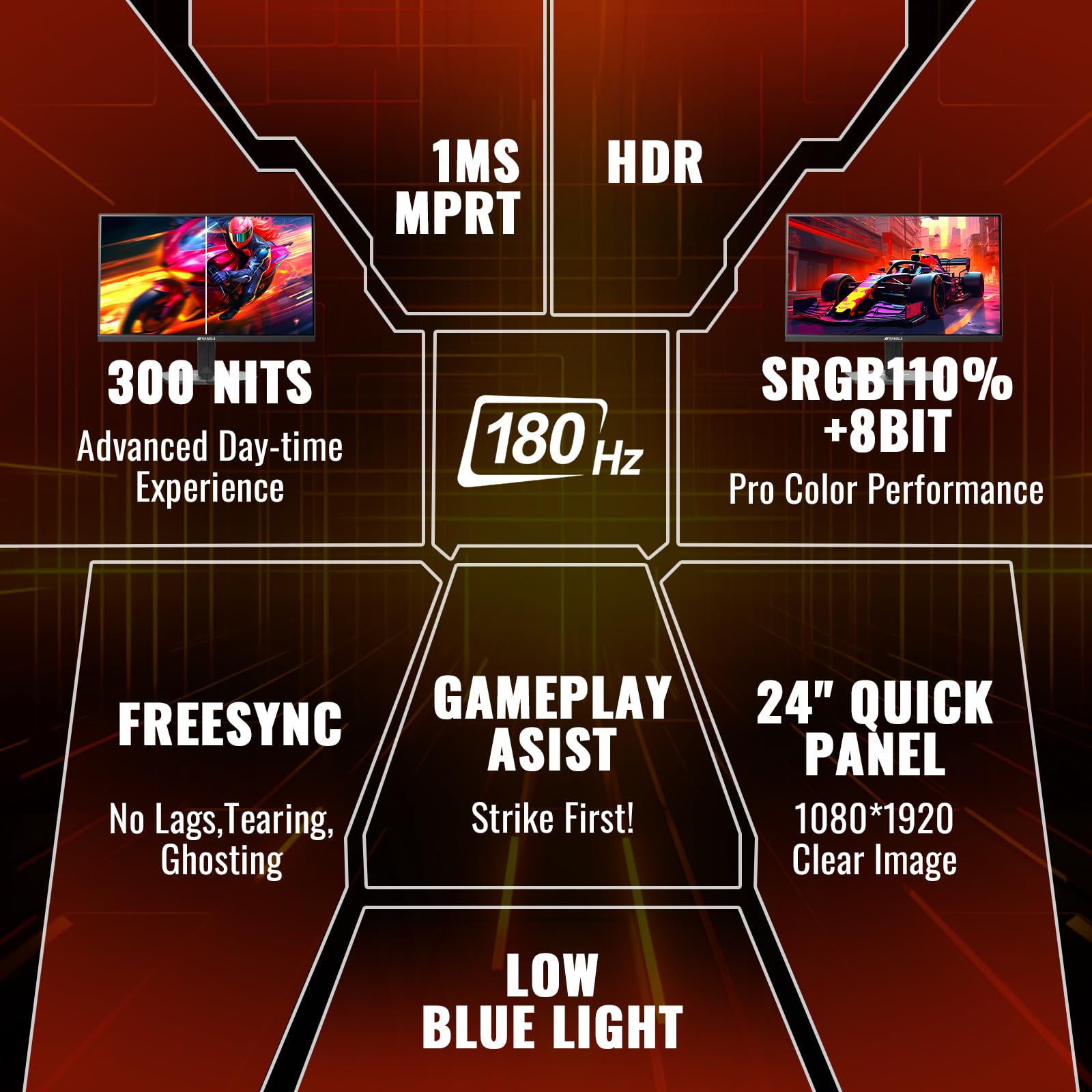 SANSUI 24 Inch Gaming Monitor 180Hz 1ms Response Time, AMD FreeSync, HDR, 110% sRGB, FHD 1080P, HDMI & DP Ports, Eye Care, Frameless Design, VESA Mount - Perfect for Esports, PC Gaming & Home Office Setup (Includes HDMI Cable)